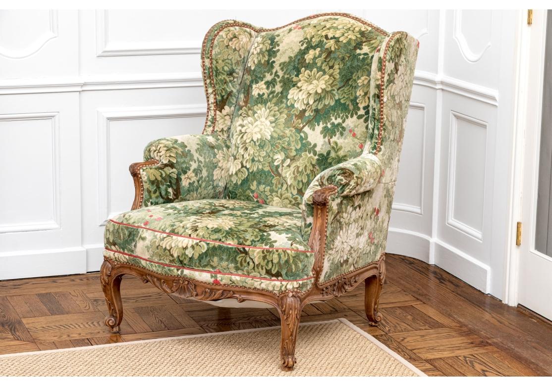 Semi Antique Custom Upholstered Carved Wing Chair In Fair Condition For Sale In Bridgeport, CT