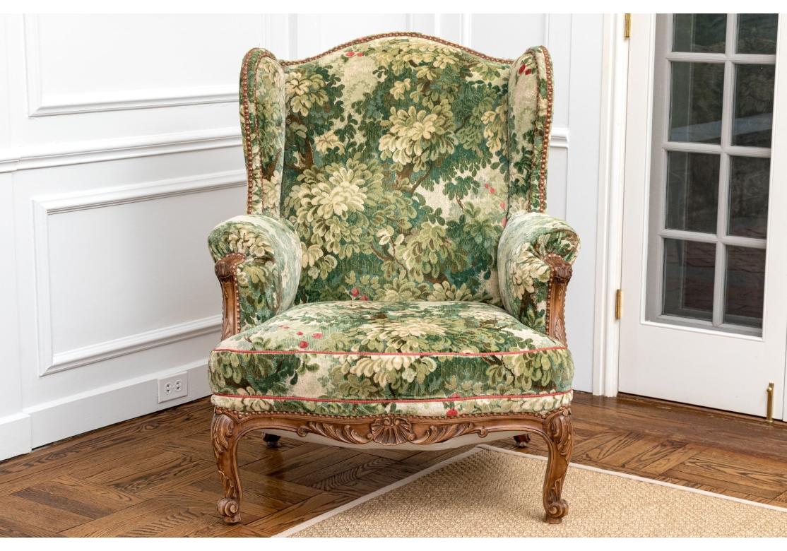 Semi Antique Custom Upholstered Carved Wing Chair For Sale 1