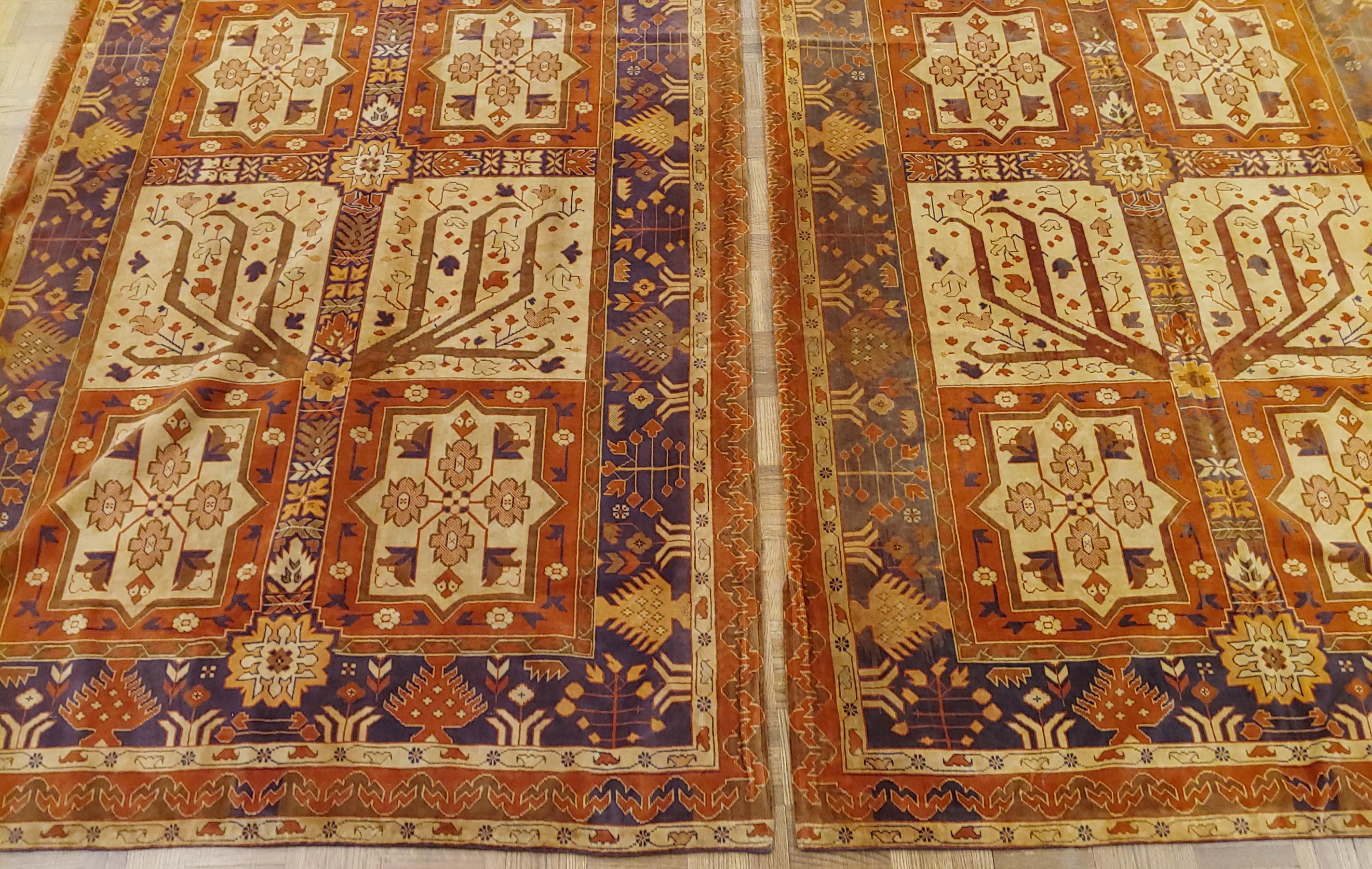 This is a pair of English portiere velvet tapestries. They have a very unusual 'Turkish Work' design, reminiscent to Arts & Crafts or William Morris designs. They are velvet and have been folded over at one end and were apparently hung like that.