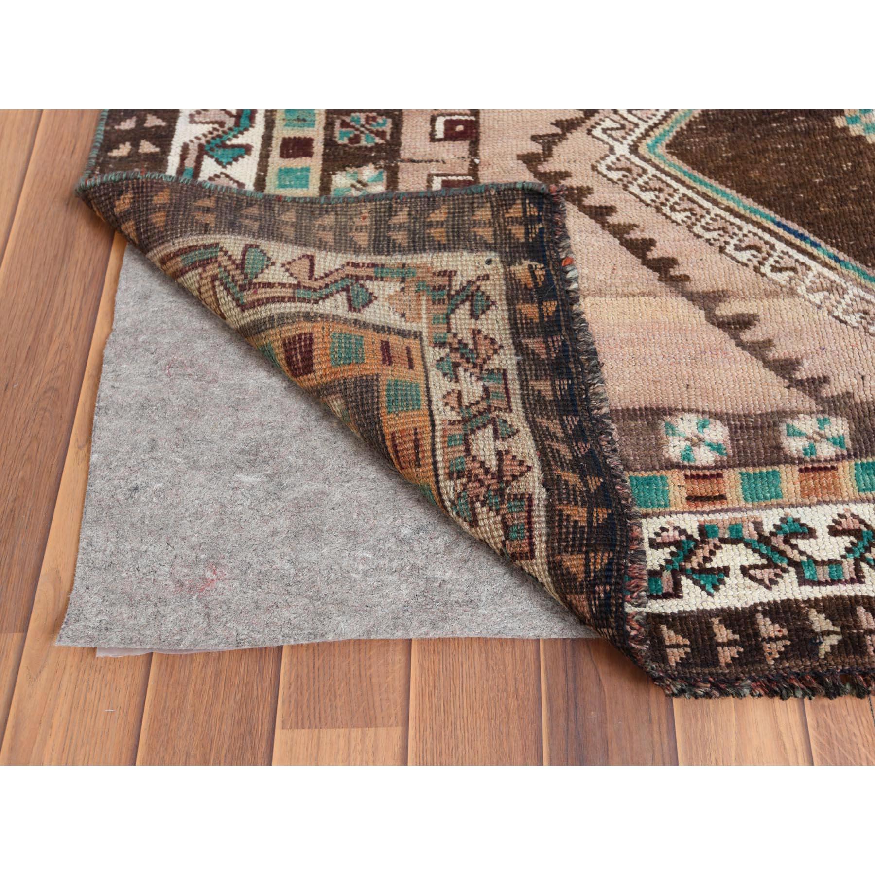 Medieval Semi Antique Geometric Design Worn Down Handmade Persian Qashqai Rug For Sale