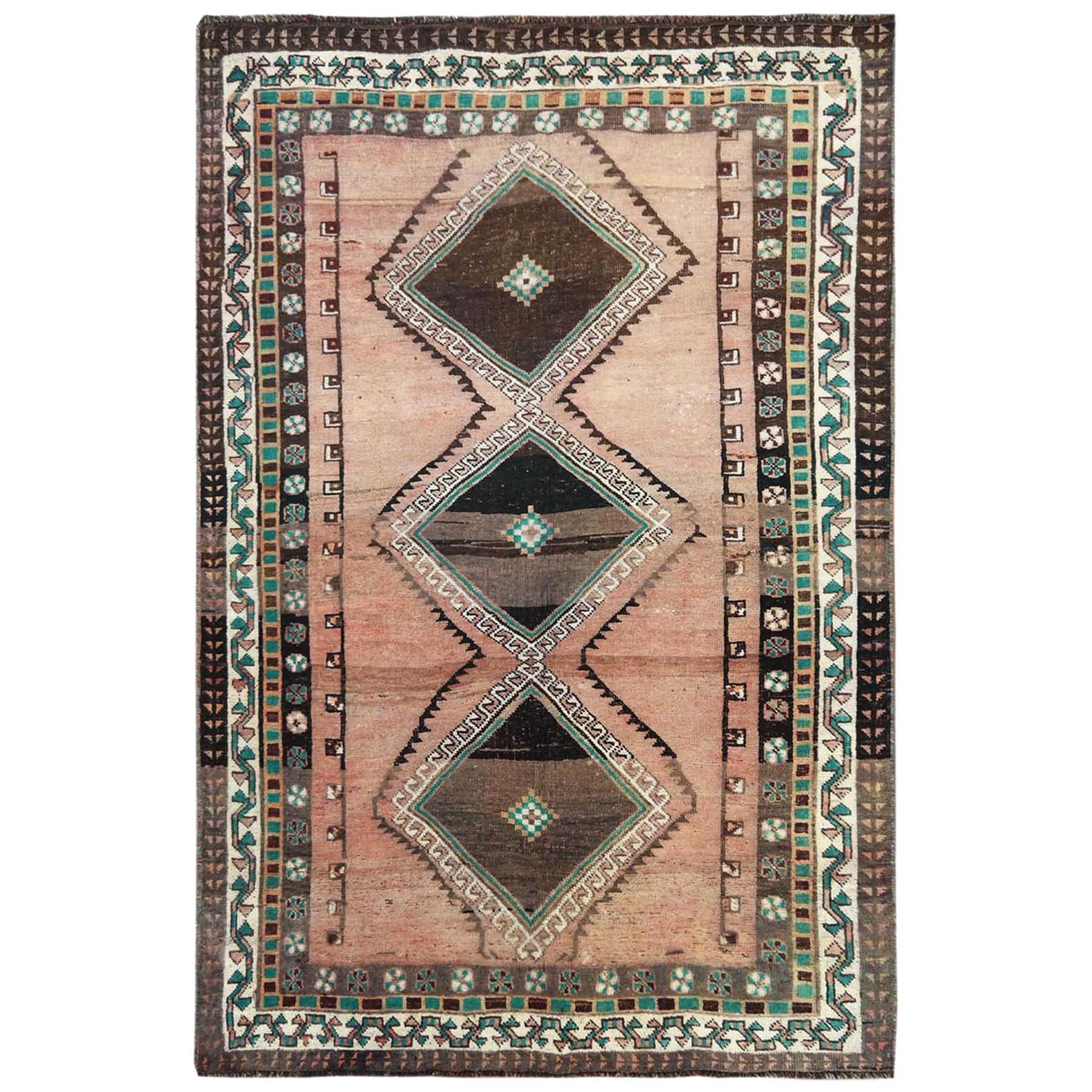 Semi Antique Geometric Design Worn Down Handmade Persian Qashqai Rug