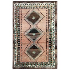 Semi Retro Geometric Design Worn Down Handmade Persian Qashqai Rug