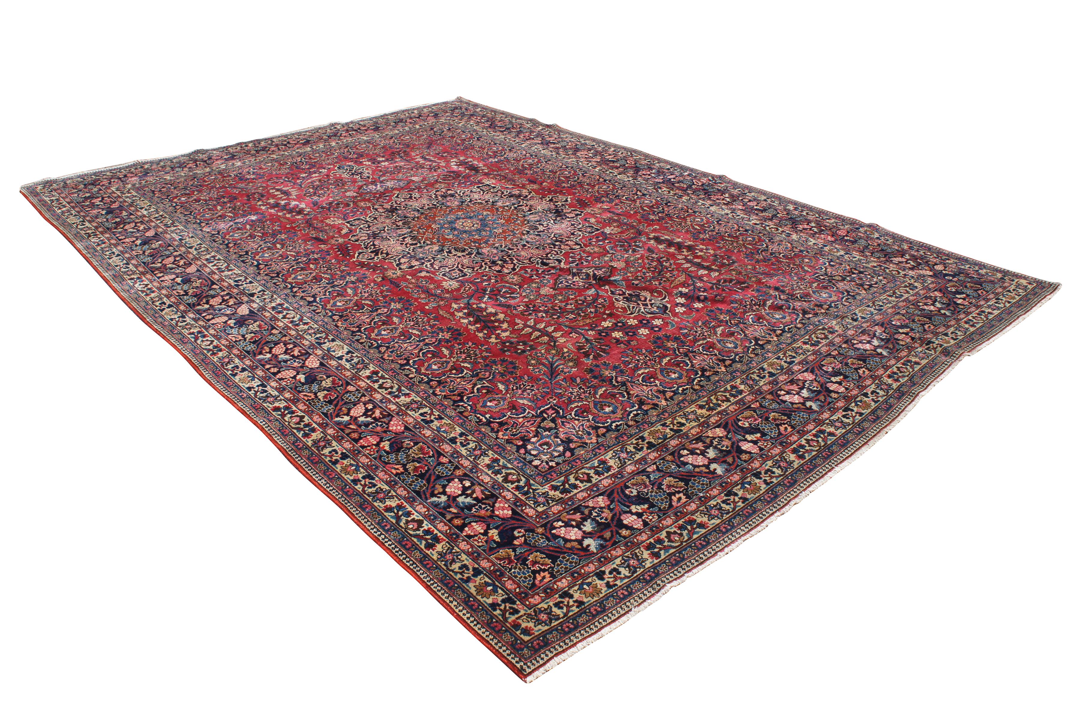 Semi antiker handgeknüpfter persischer Sarouk-Teppich mit rotem Blumenmedaillon aus Sarouk, 10' x 14' im Zustand „Gut“ im Angebot in Dayton, OH