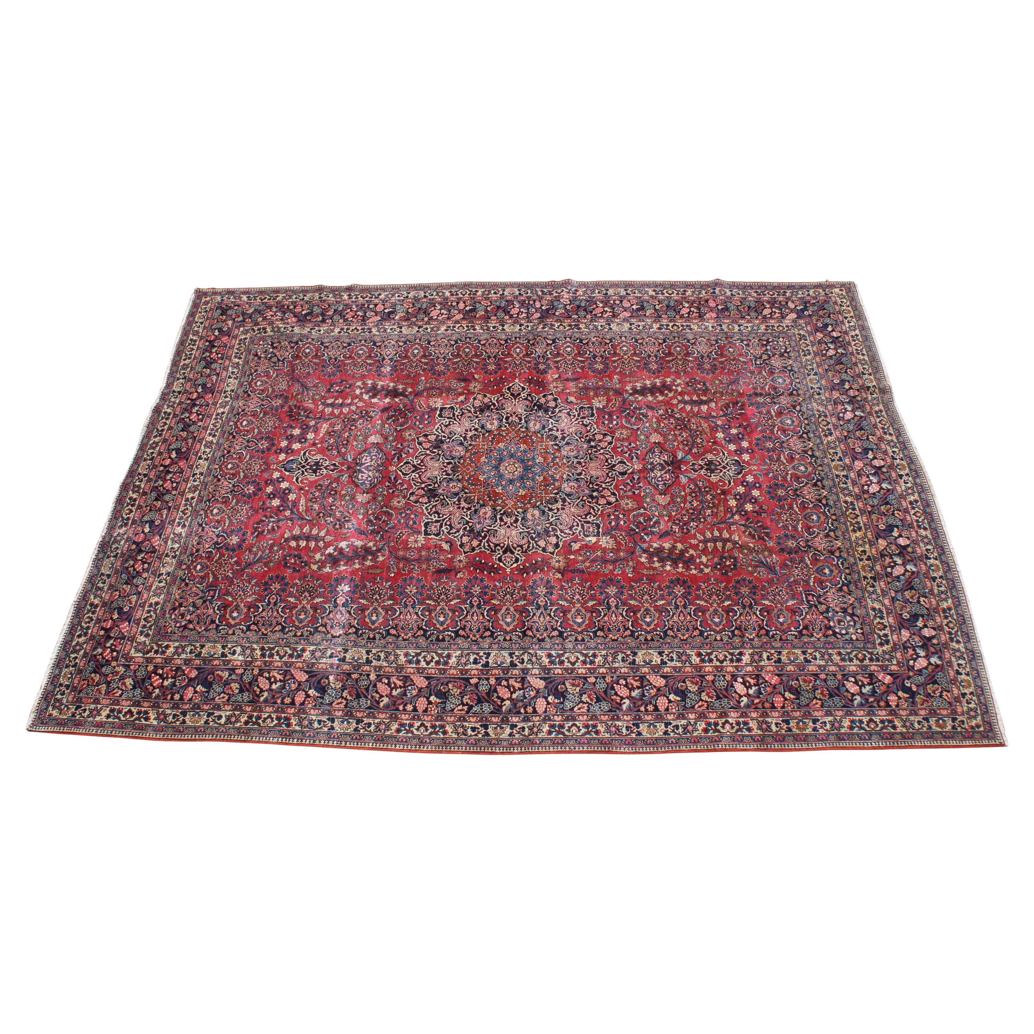Semi antiker handgeknüpfter persischer Sarouk-Teppich mit rotem Blumenmedaillon aus Sarouk, 10' x 14'