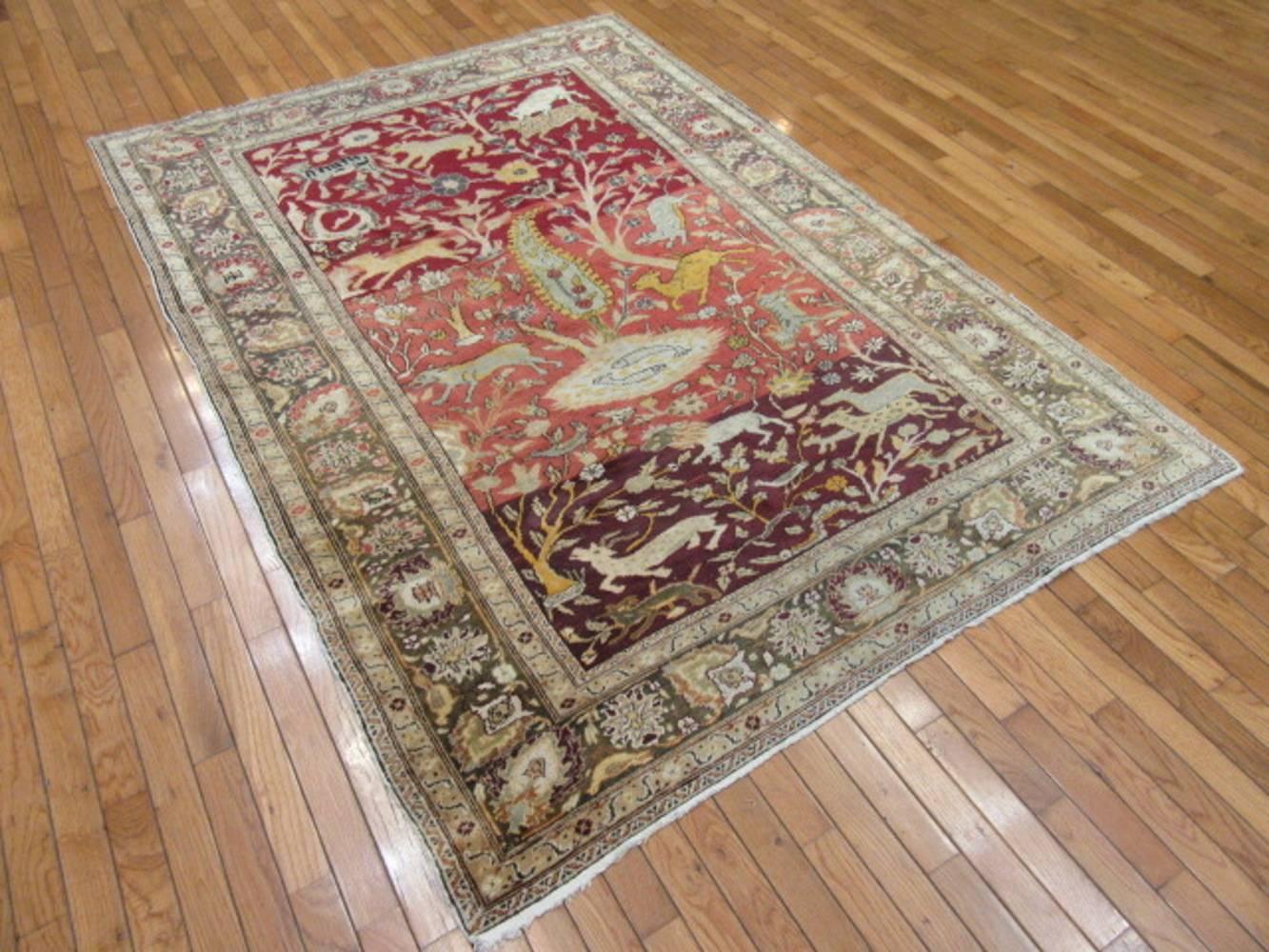 Small Semi-Antique Hand-Knotted Wool Pictorial Turkish Rug 1