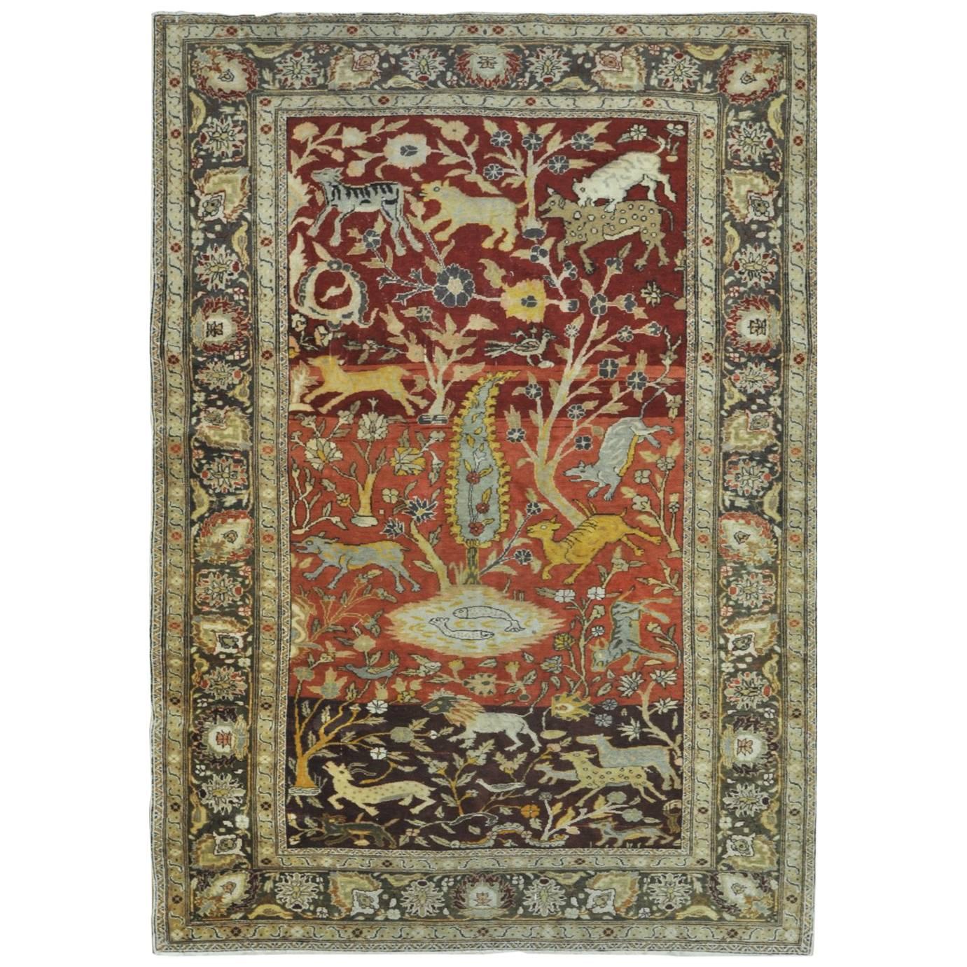 Small Semi-Antique Hand-Knotted Wool Pictorial Turkish Rug