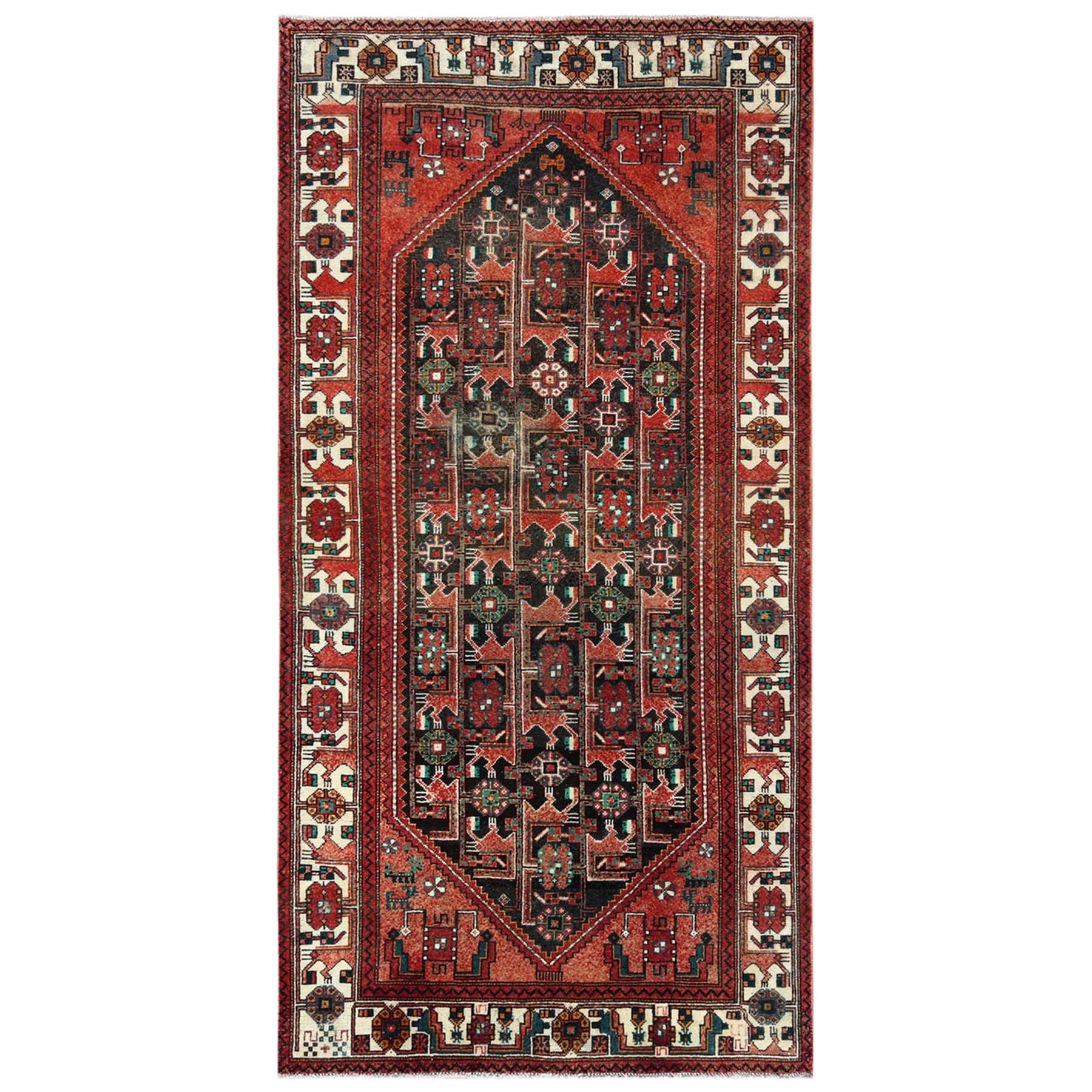 Semi Antique Handmade Persian Hamadan Sheared Low Wool Gallery Size Runner Rug For Sale