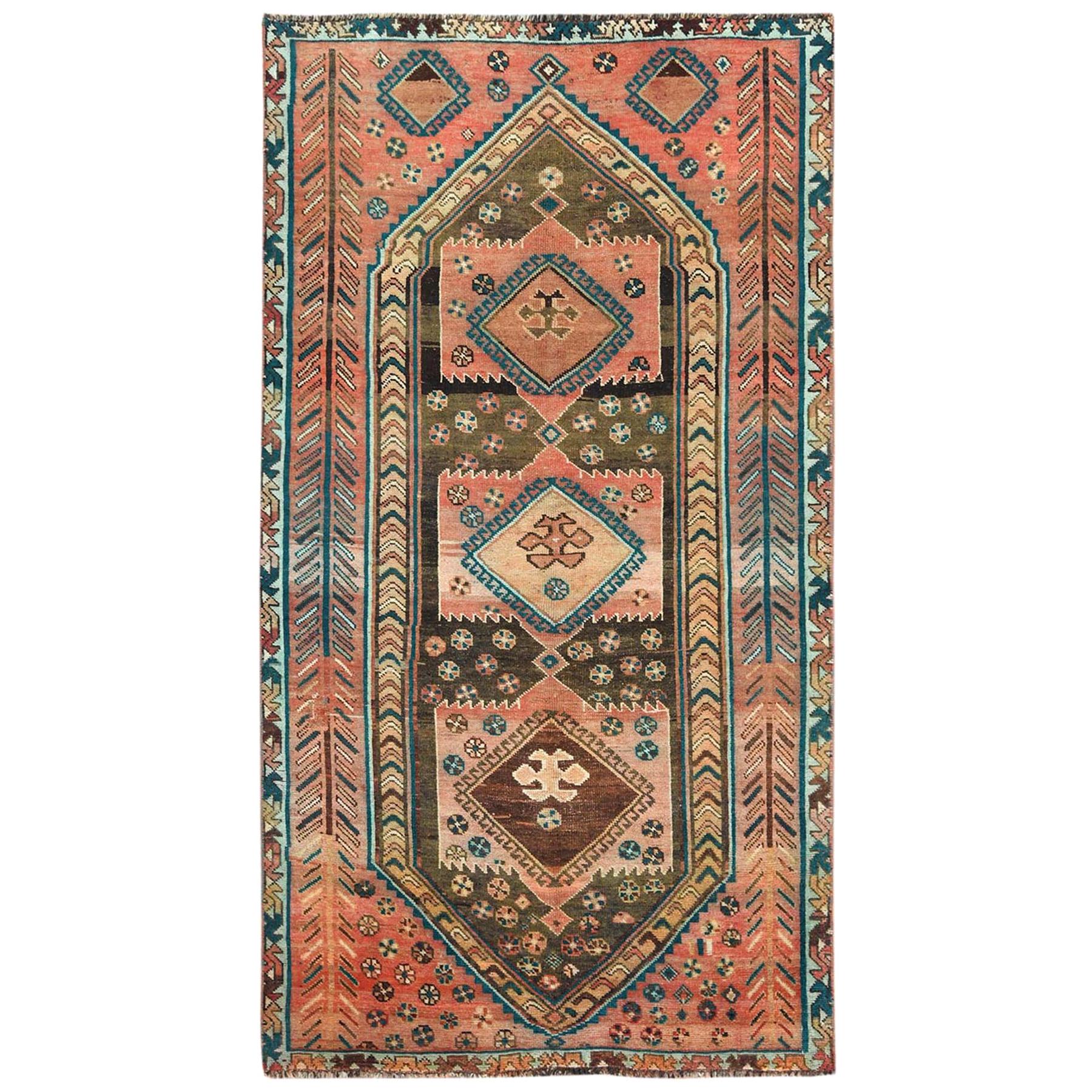 Semi Antique Handmade Persian Shiraz Distressed Wool Gallery Size Runner Rug