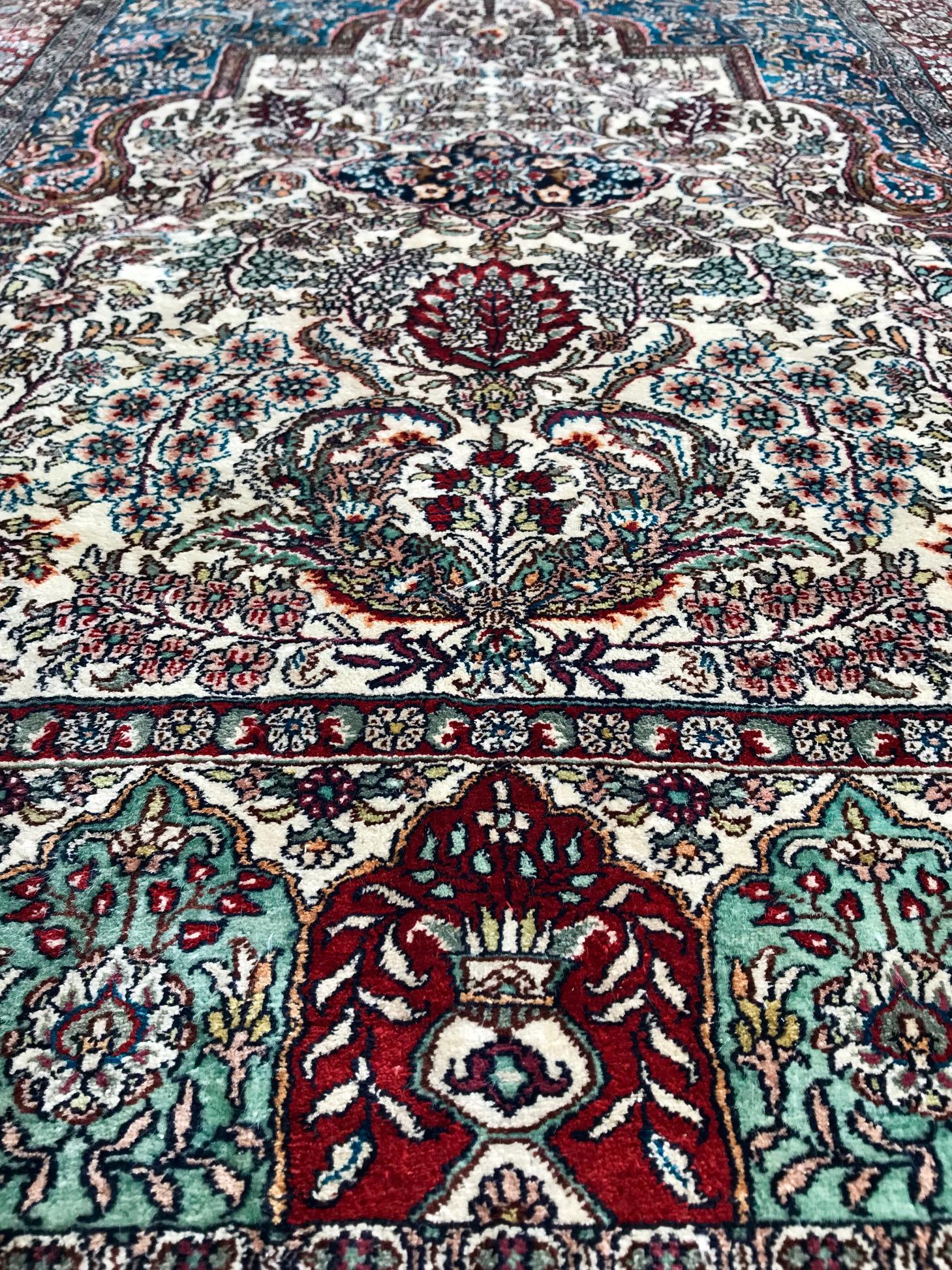 Semi-Antique Hereke, Pure Silk Signed Turkish Prayer Rug For Sale 1