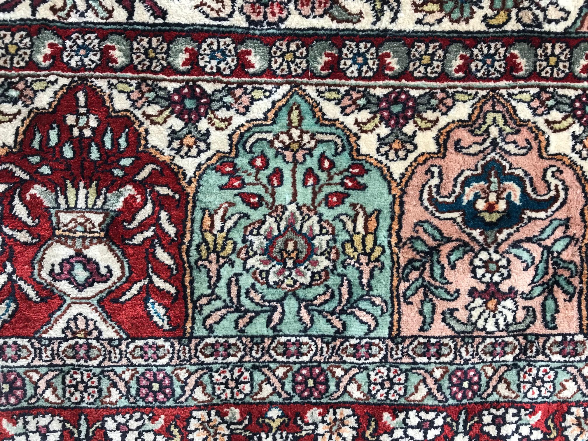Semi-Antique Hereke, Pure Silk Signed Turkish Prayer Rug For Sale 3