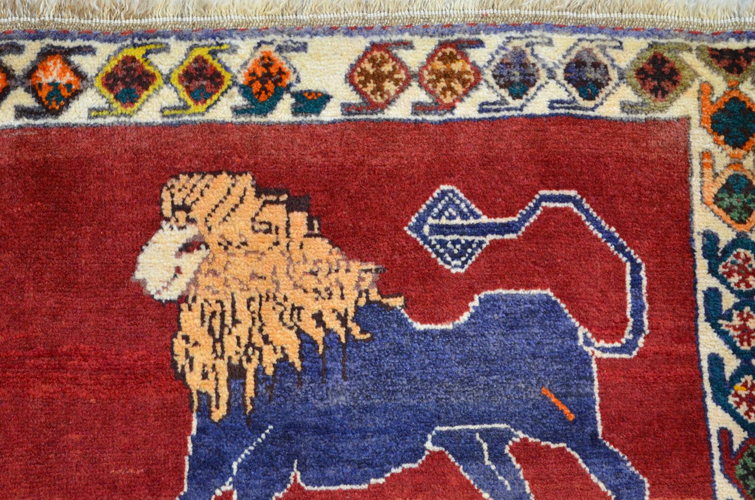 Vegetable Dyed Semi-Antique Hunting Scene Persian Qashqai Carpet in Pure Handspun Wool