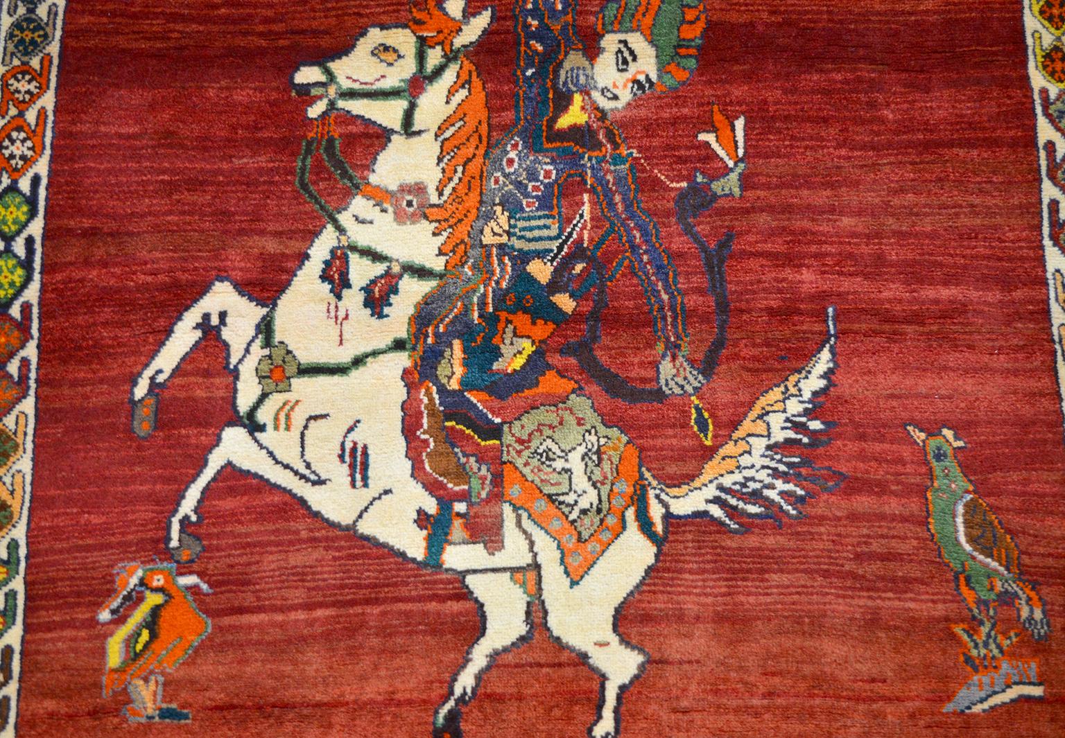 Semi-Antique Hunting Scene Persian Qashqai Carpet in Pure Handspun Wool 2
