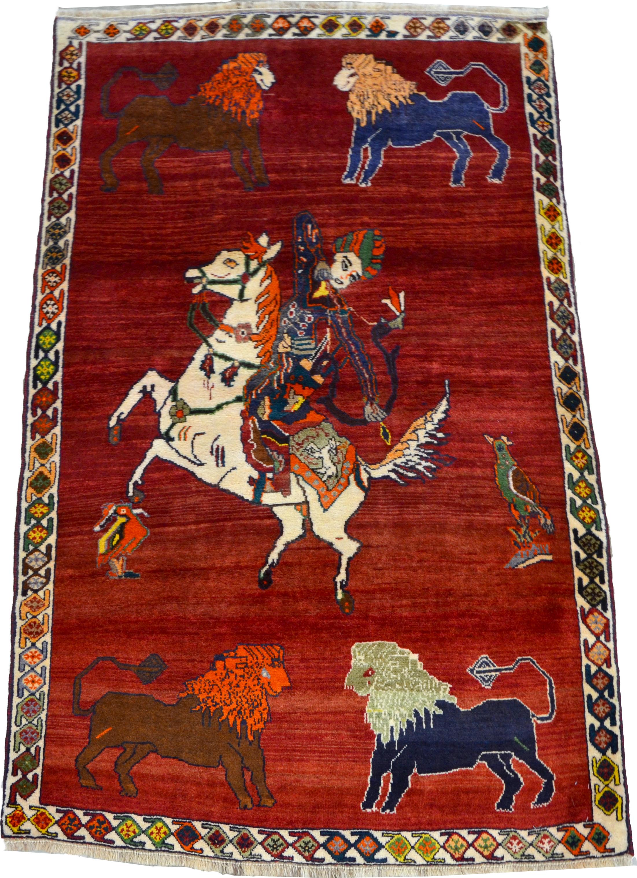 Semi-Antique Hunting Scene Persian Qashqai Carpet in Pure Handspun Wool 3