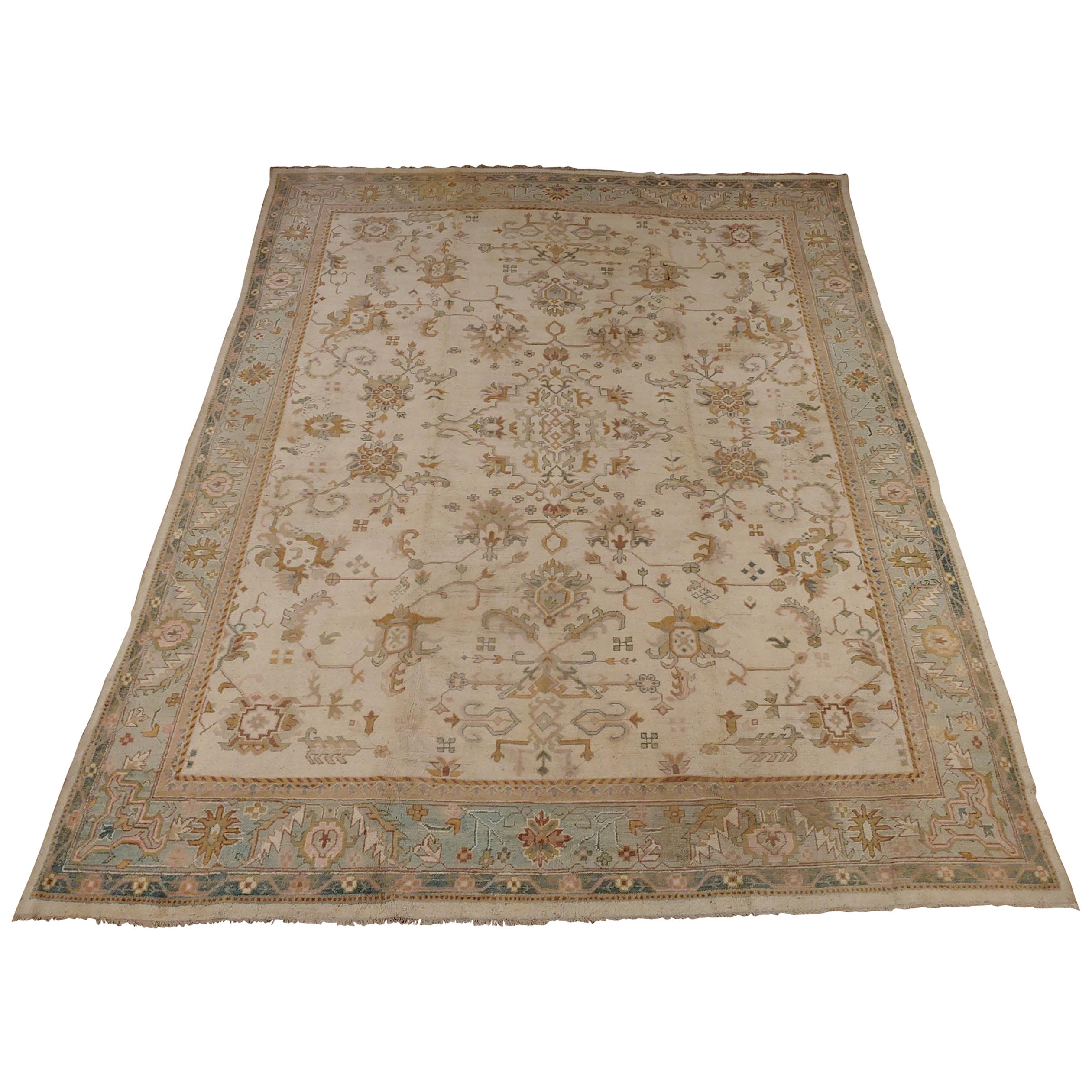Semi-Antique Indian Agra Rug, Ivory Colored, Wool, 1920 For Sale