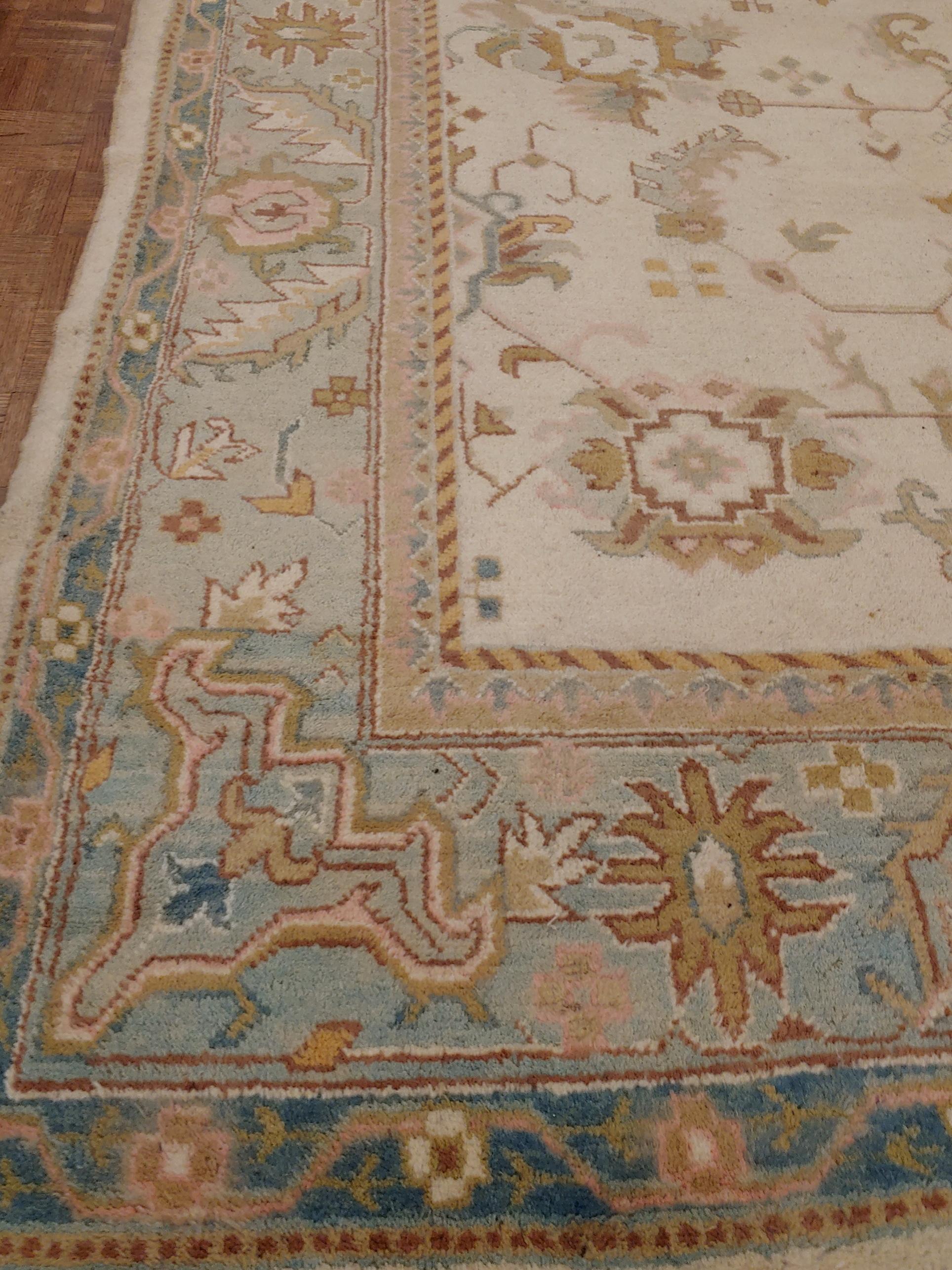Woven Semi-Antique Indian Agra Rug, Ivory Colored, Wool, 1920 For Sale
