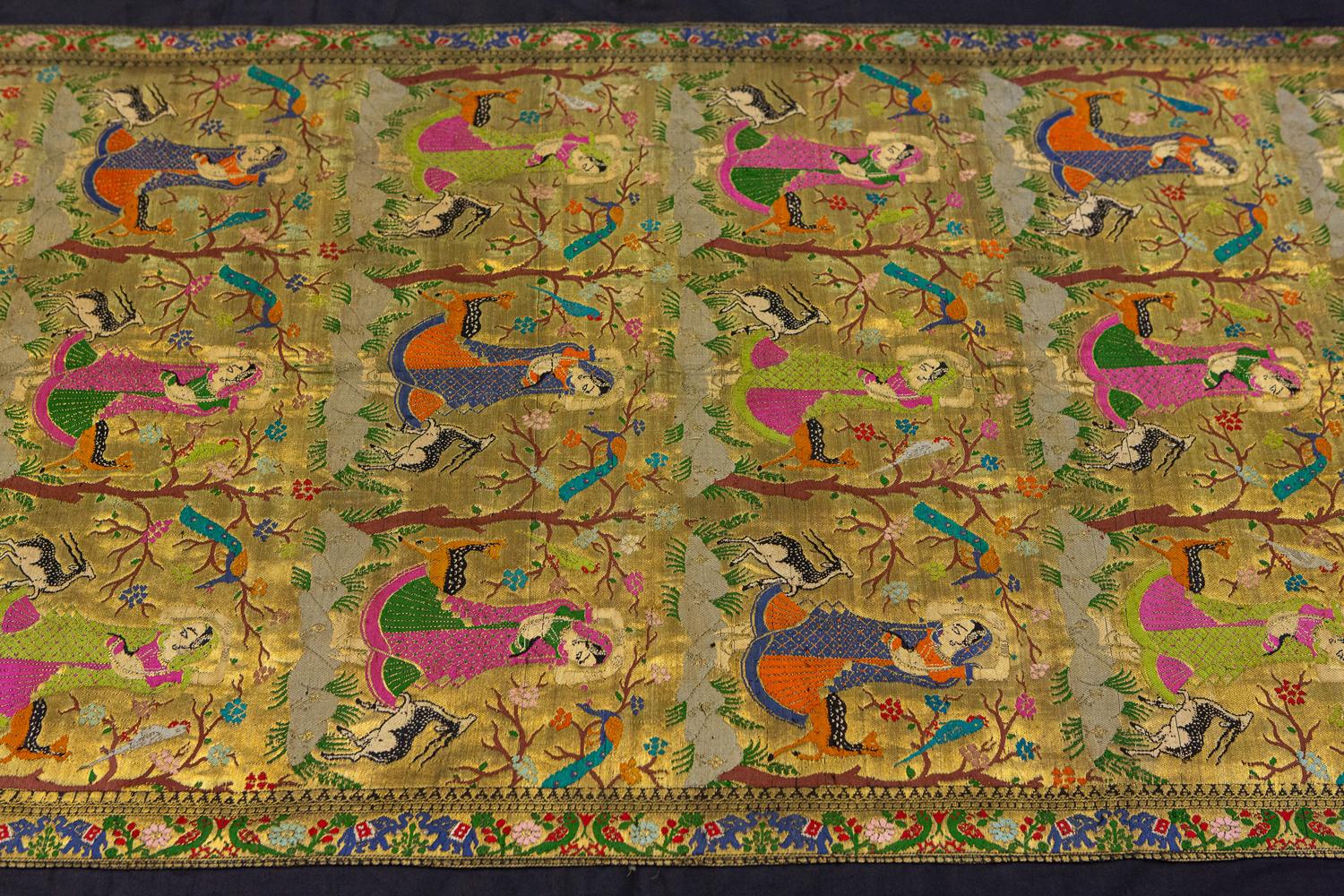 Semi-Antique Indian Silk Textile Lady Standing in a Forest, ca. 1940 1