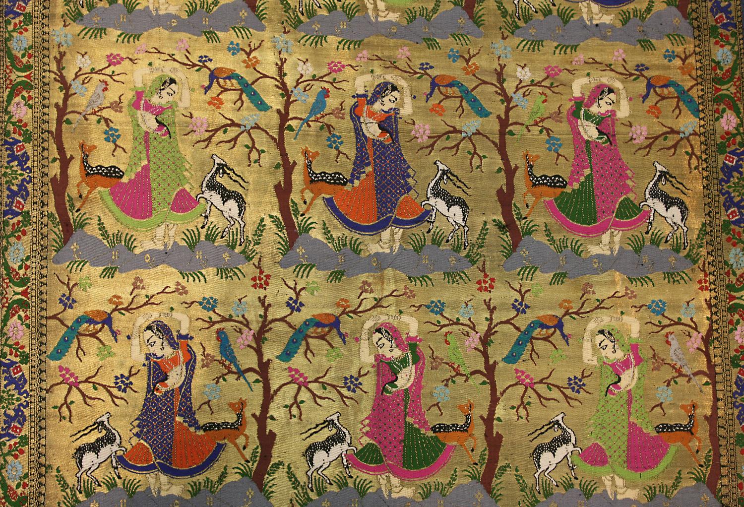 Semi-Antique Indian Silk Textile Lady Standing in a Forest, ca. 1940 2