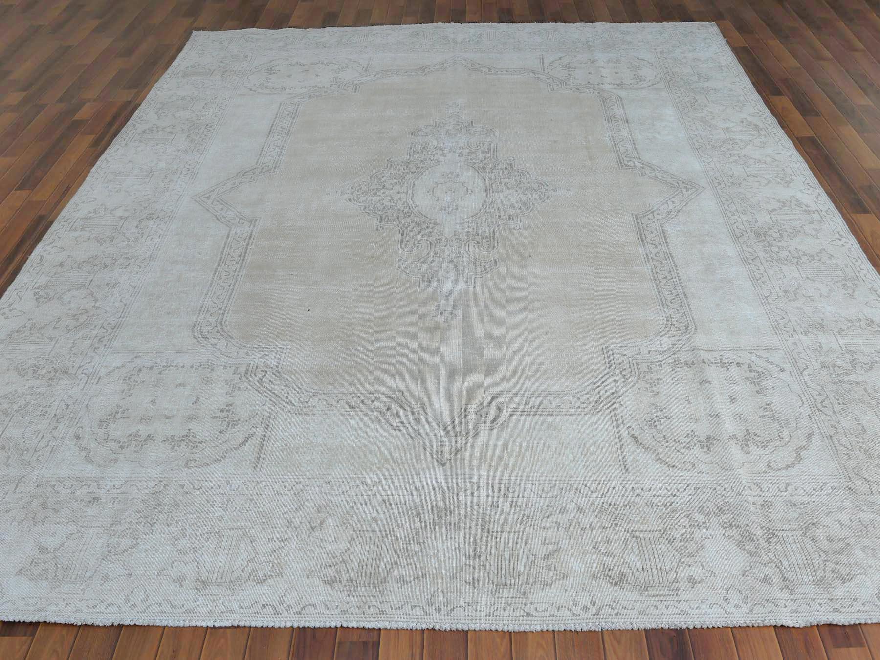 Medieval Semi Antique Ivory Persian Kerman Cropped Thin Pile Clean Wool Hand Knotted Rug