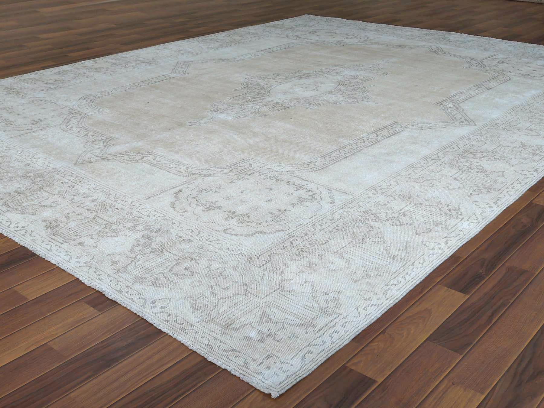 Hand-Knotted Semi Antique Ivory Persian Kerman Cropped Thin Pile Clean Wool Hand Knotted Rug