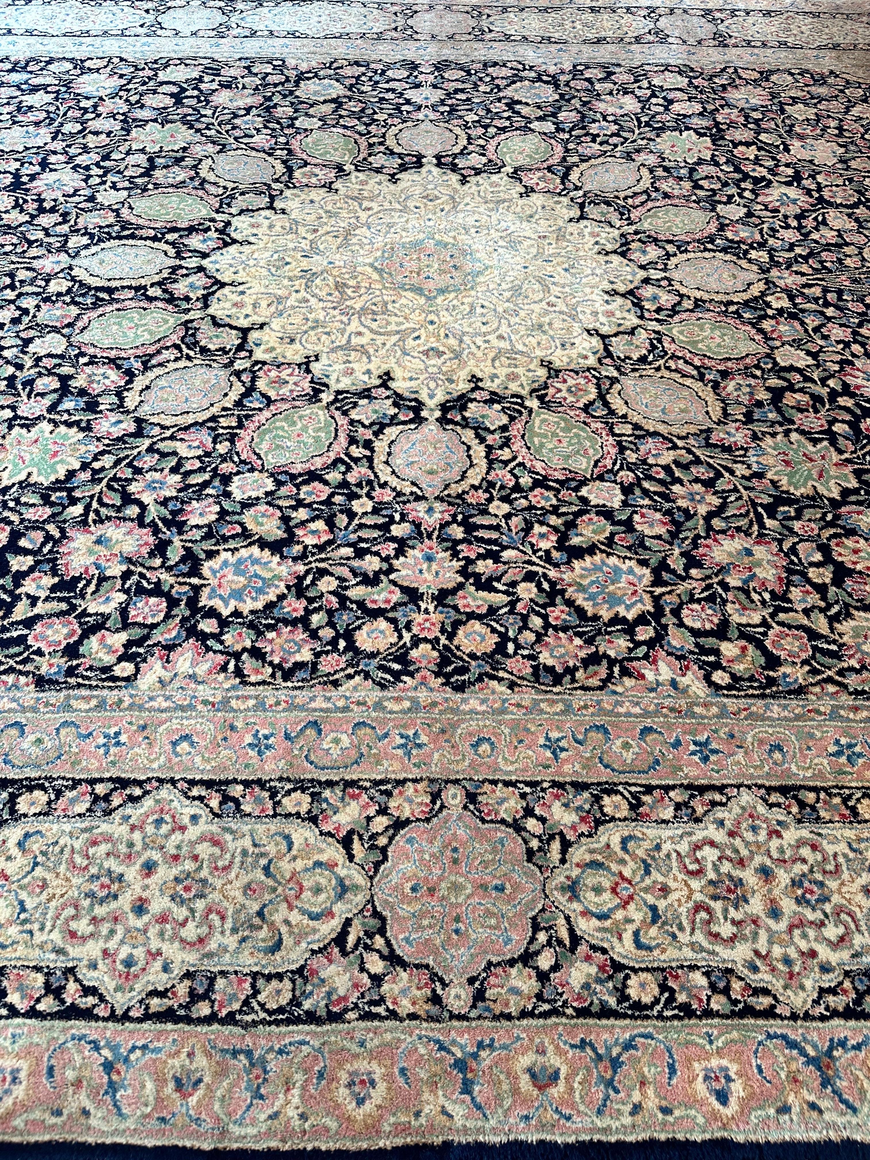 Semi-Antique Kerman Carpet, Handmade Persian Wool Rug, Navy, Ivory, Blue, Pink For Sale 5
