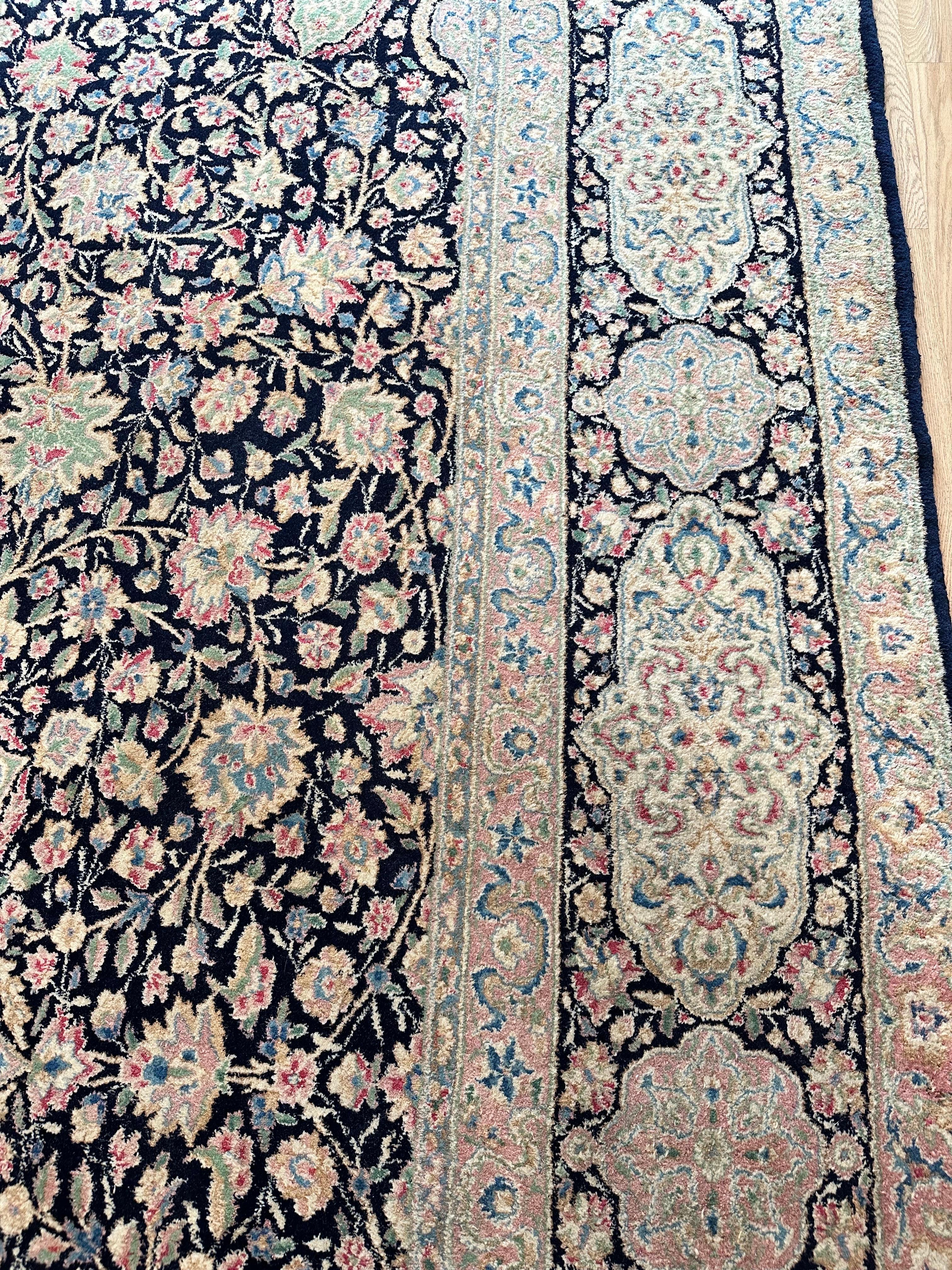 Semi-Antique Kerman Carpet, Handmade Persian Wool Rug, Navy, Ivory, Blue, Pink For Sale 7