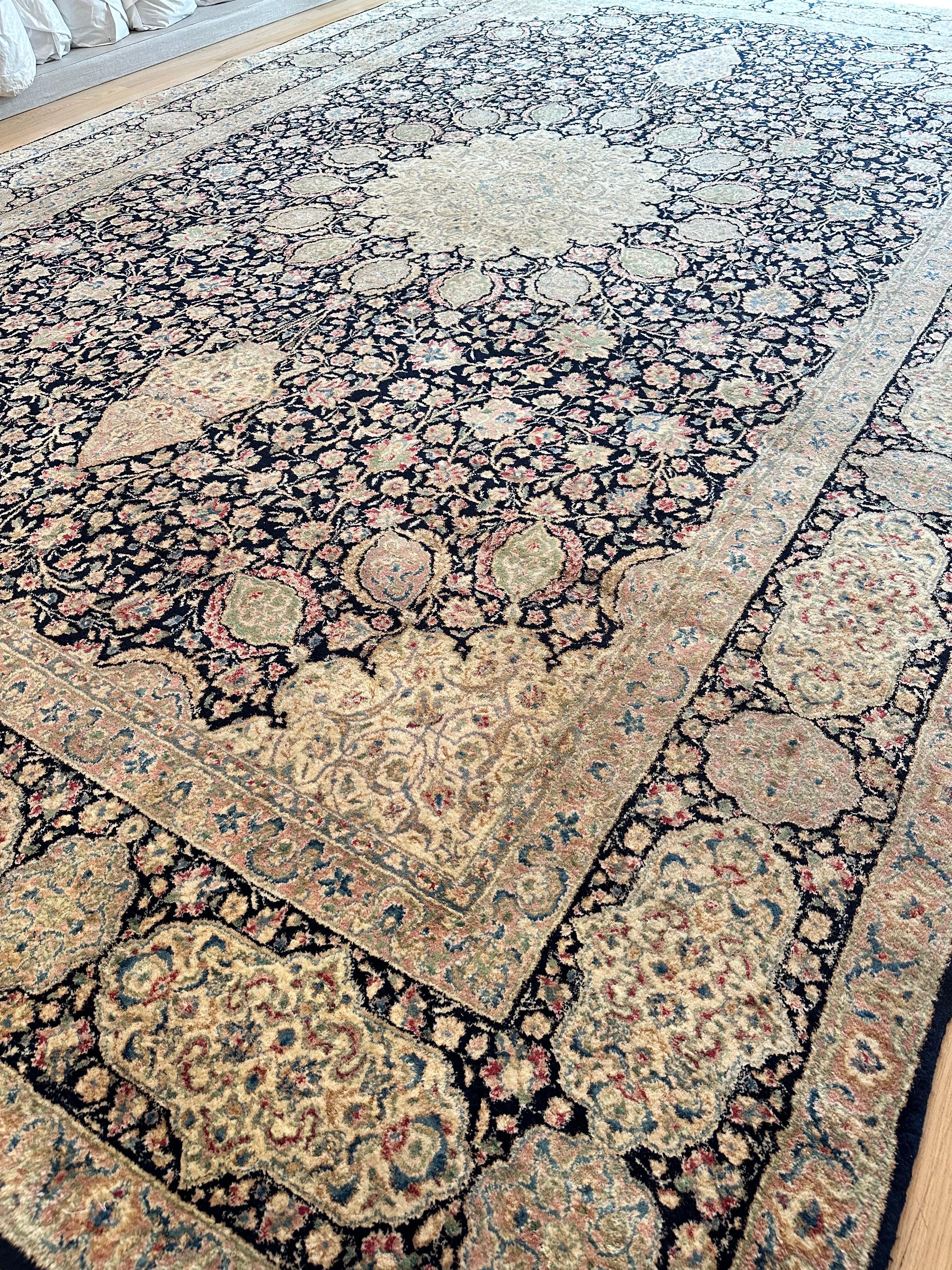 Semi-Antique Kerman Carpet, Handmade Persian Wool Rug, Navy, Ivory, Blue, Pink For Sale 8