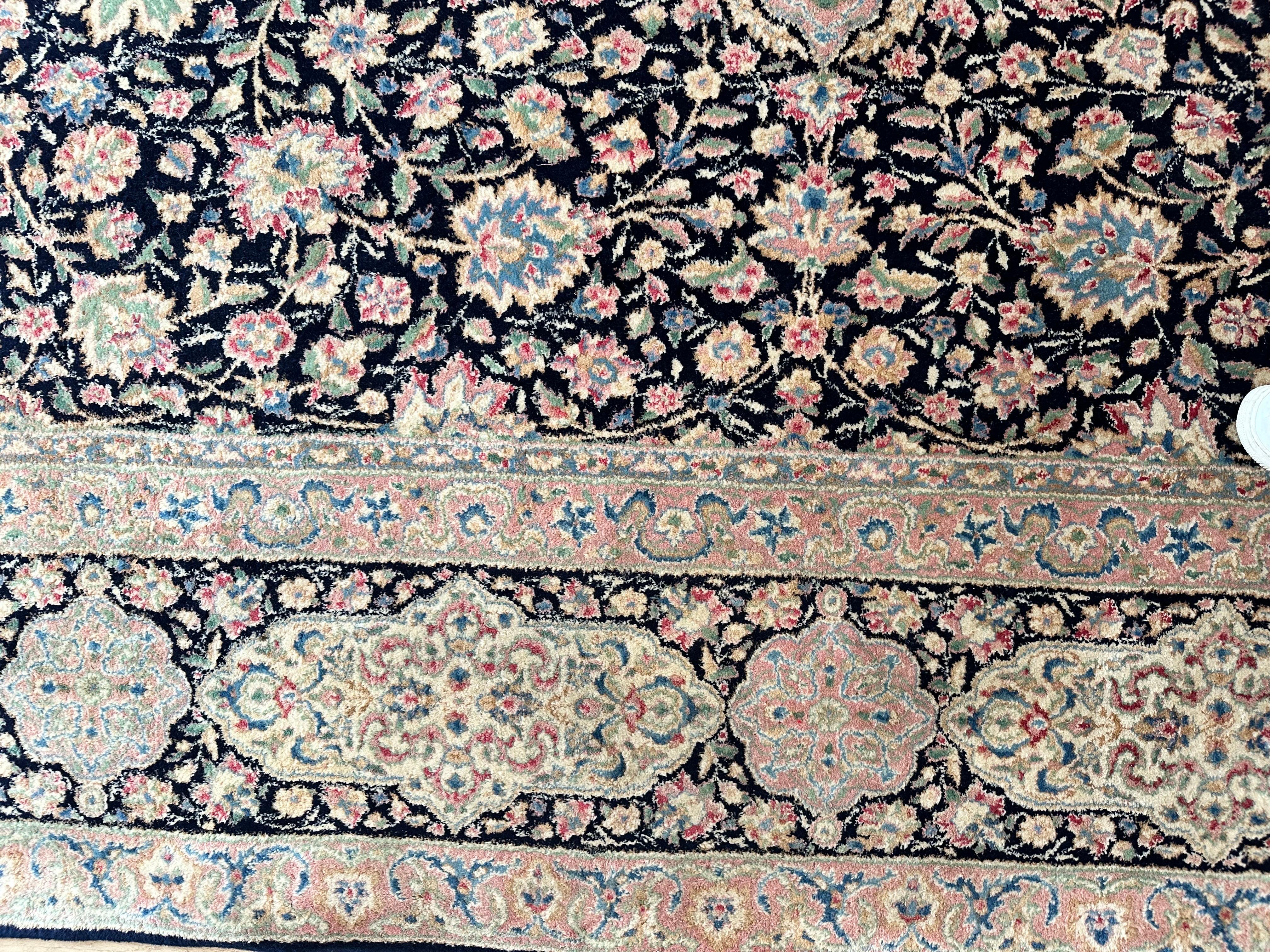 Semi-Antique Kerman Carpet, Handmade Persian Wool Rug, Navy, Ivory, Blue, Pink For Sale 9