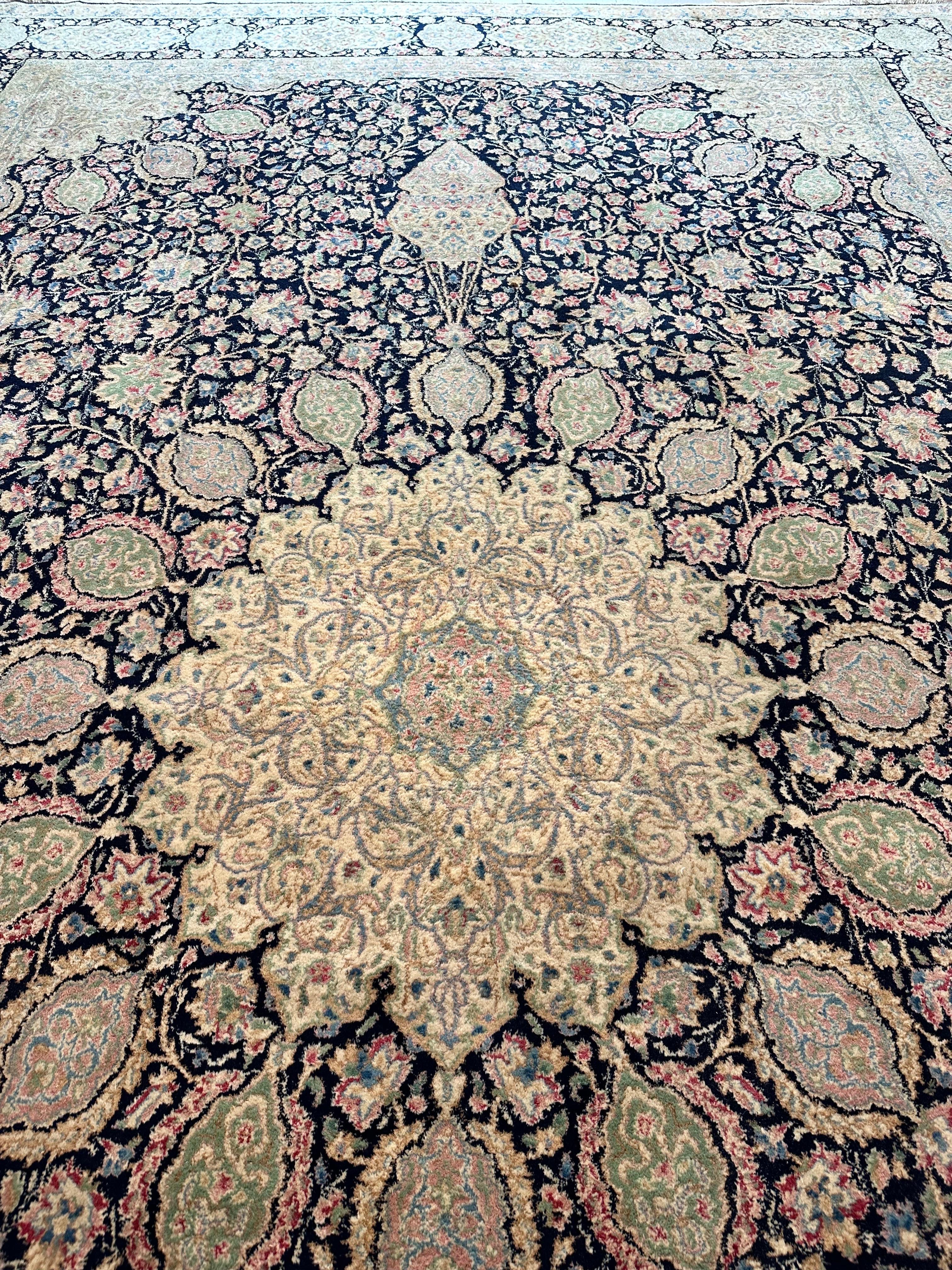 Semi-Antique Kerman Carpet, Handmade Persian Wool Rug, Navy, Ivory, Blue, Pink For Sale 10