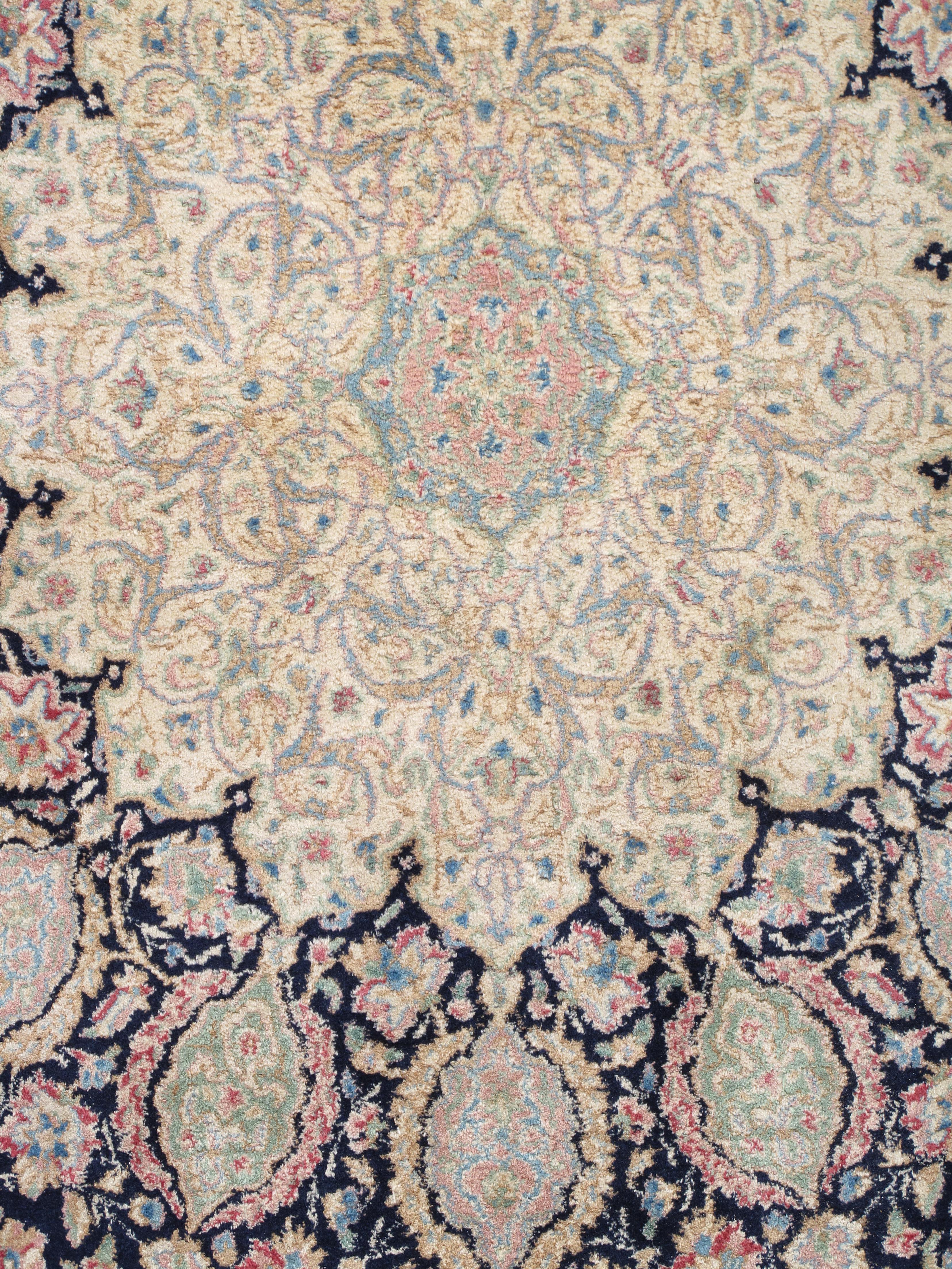 Hand-Knotted Semi-Antique Kerman Carpet, Handmade Persian Wool Rug, Navy, Ivory, Blue, Pink For Sale