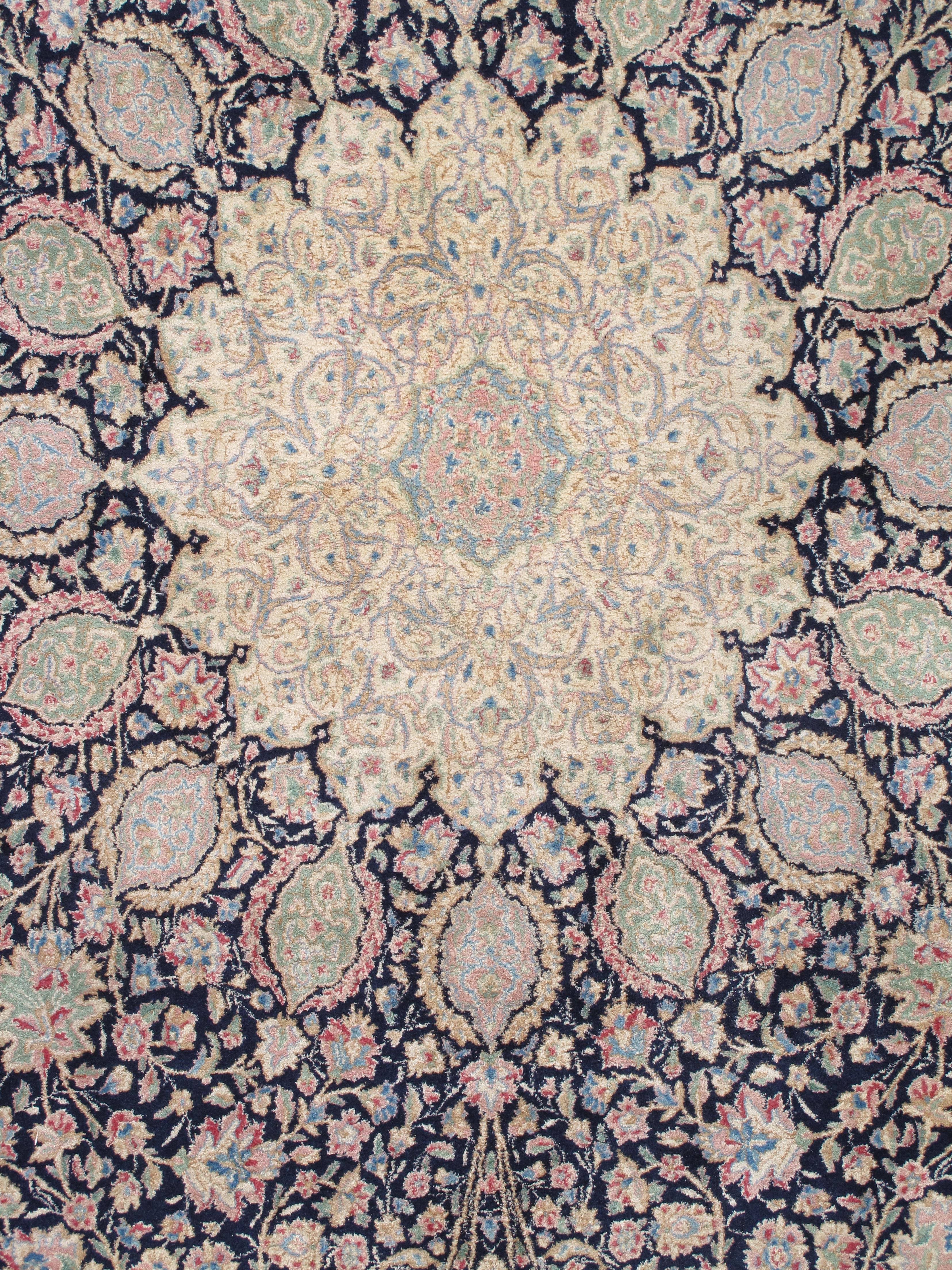 Semi-Antique Kerman Carpet, Handmade Persian Wool Rug, Navy, Ivory, Blue, Pink In Excellent Condition For Sale In Port Washington, NY