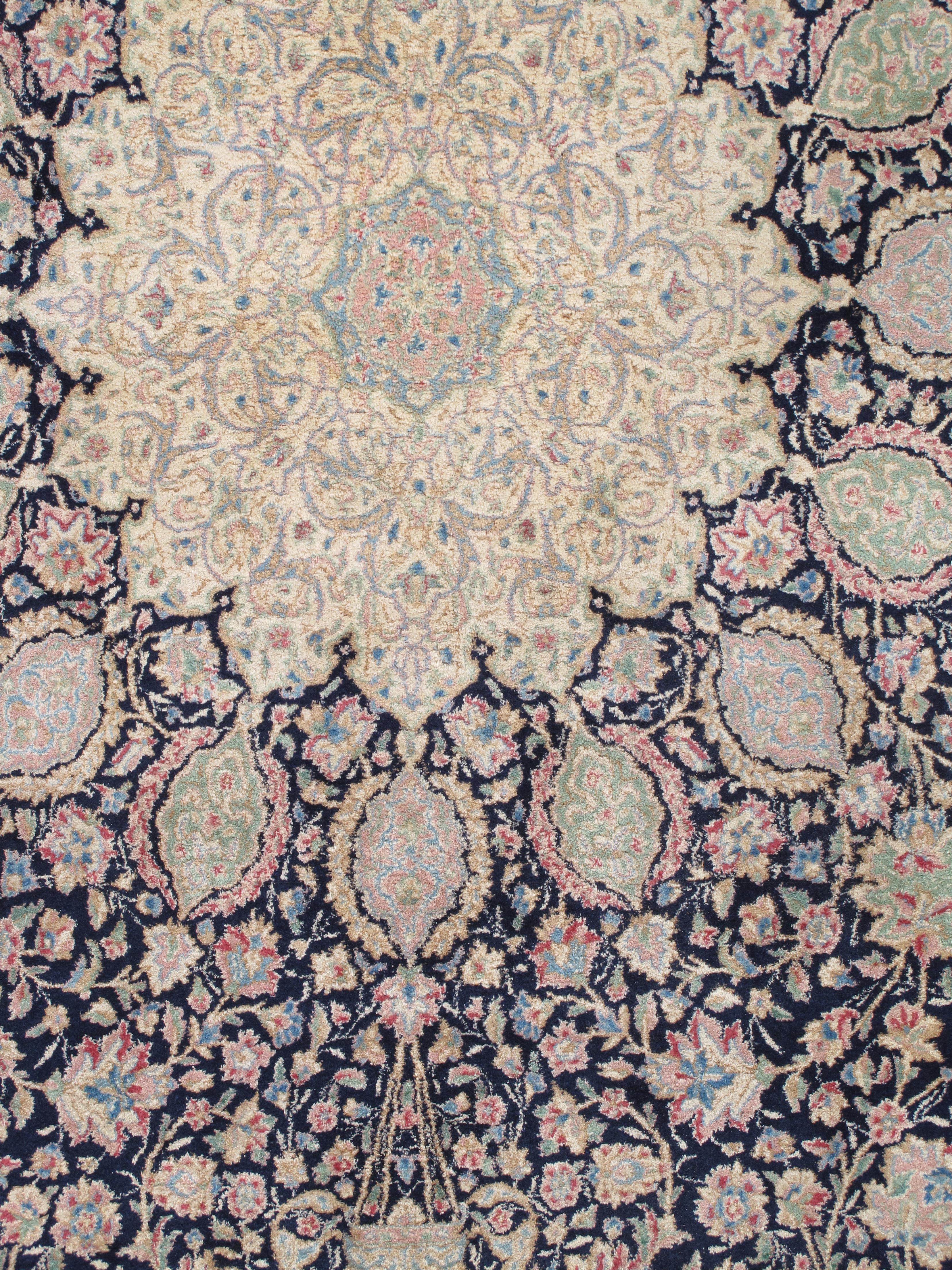 20th Century Semi-Antique Kerman Carpet, Handmade Persian Wool Rug, Navy, Ivory, Blue, Pink For Sale