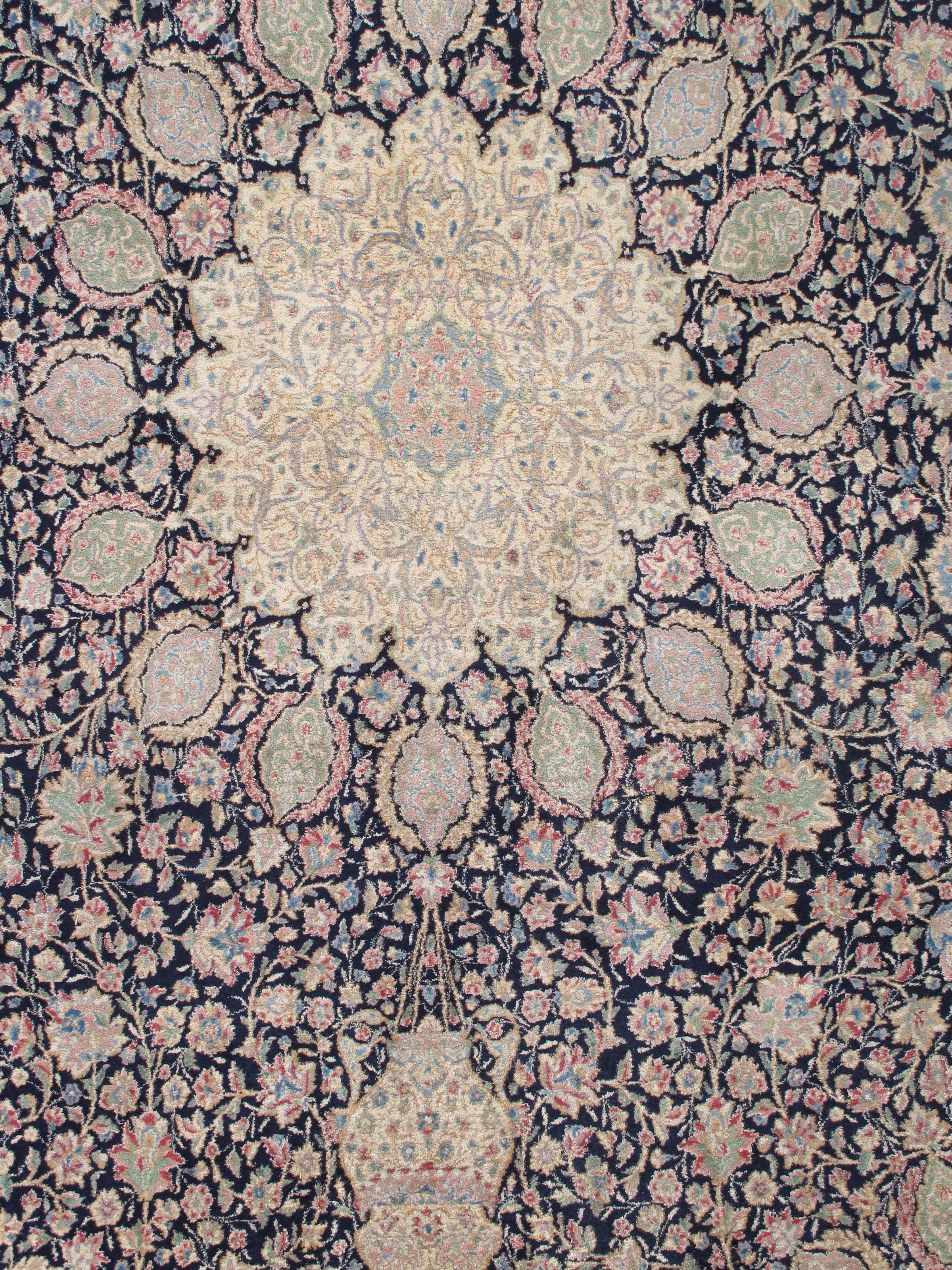 Semi-Antique Kerman Carpet, Handmade Persian Wool Rug, Navy, Ivory, Blue, Pink For Sale 1
