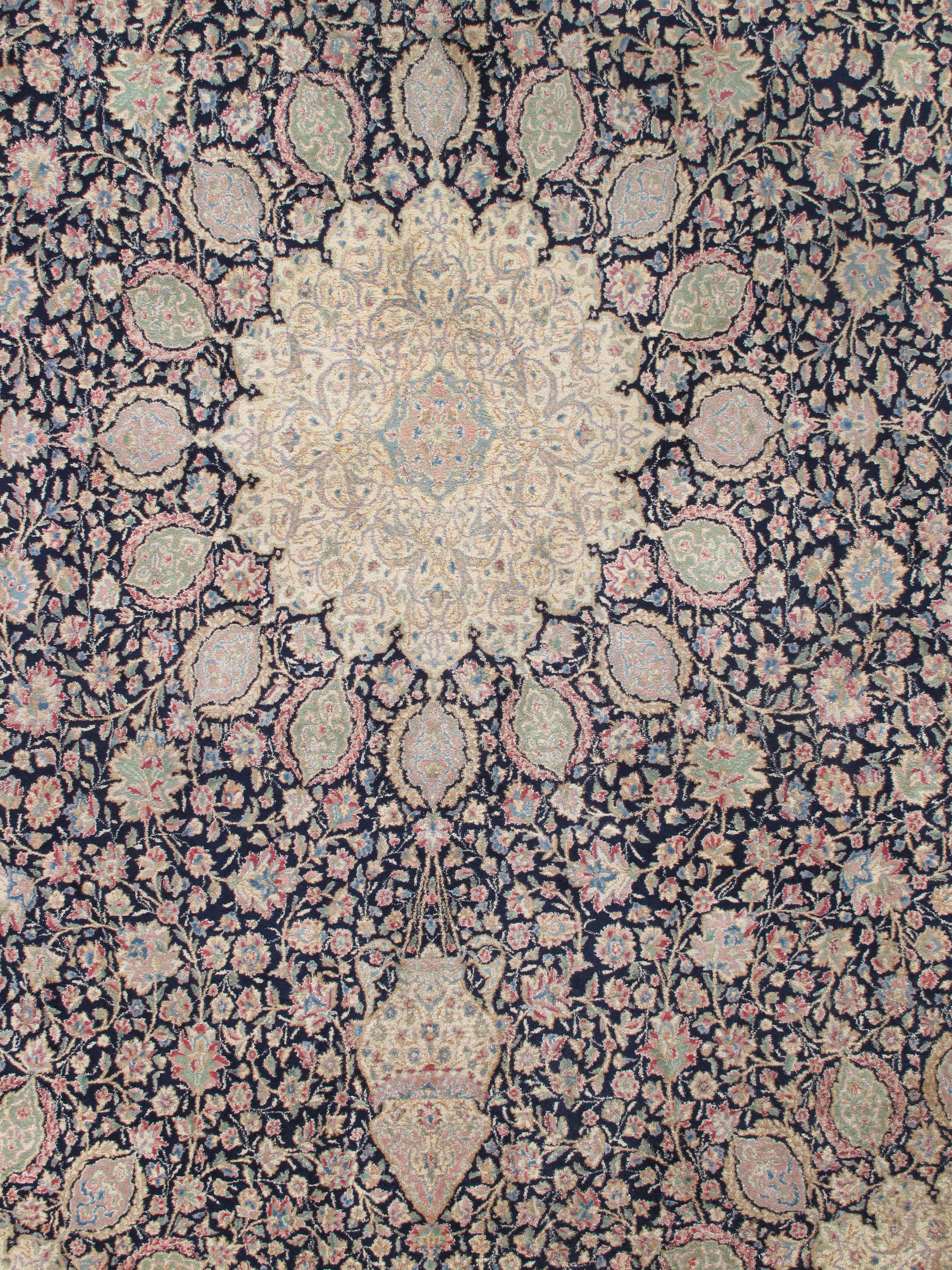 Semi-Antique Kerman Carpet, Handmade Persian Wool Rug, Navy, Ivory, Blue, Pink For Sale 2