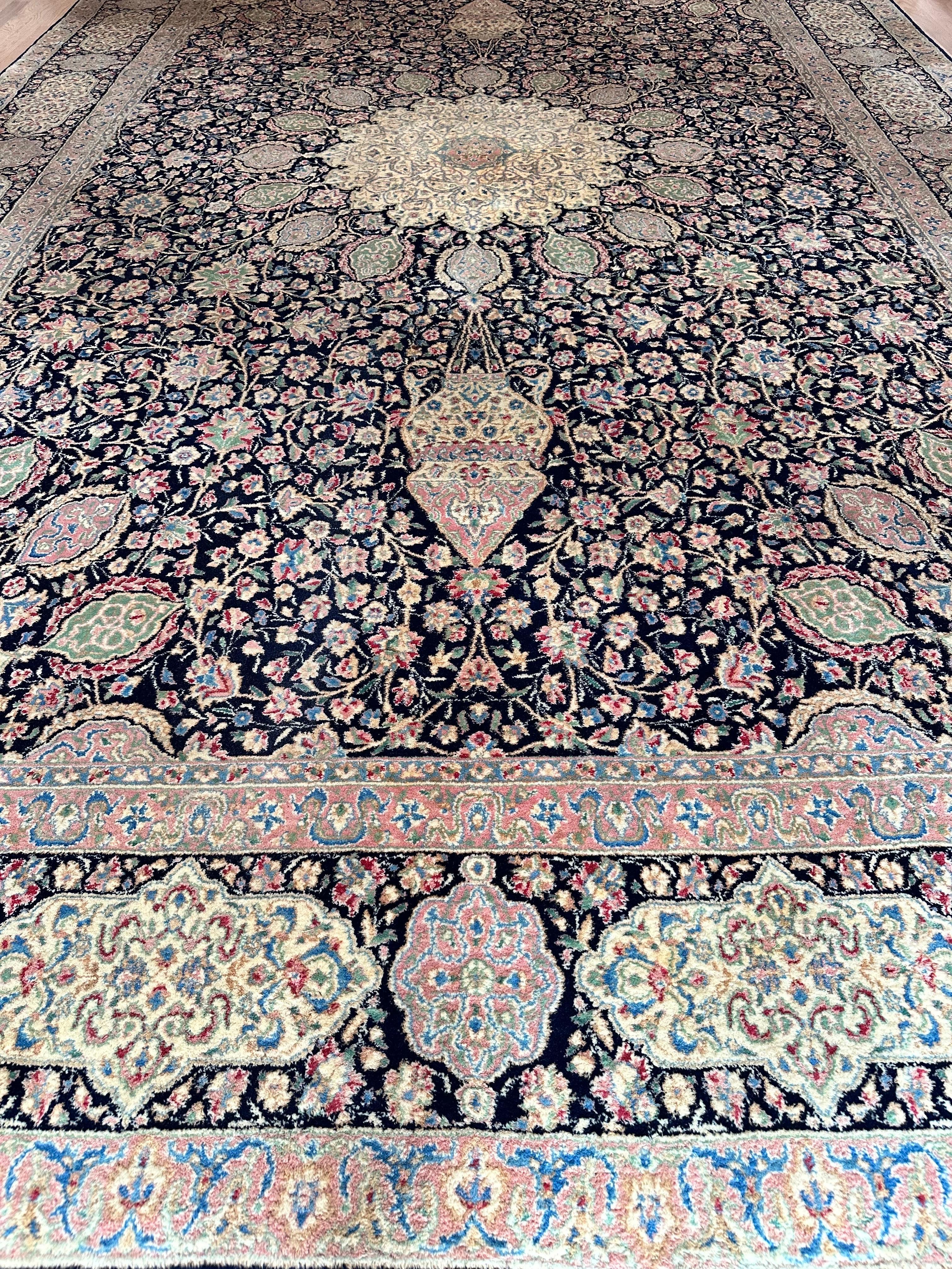 Semi-Antique Kerman Carpet, Handmade Persian Wool Rug, Navy, Ivory, Blue, Pink For Sale 3