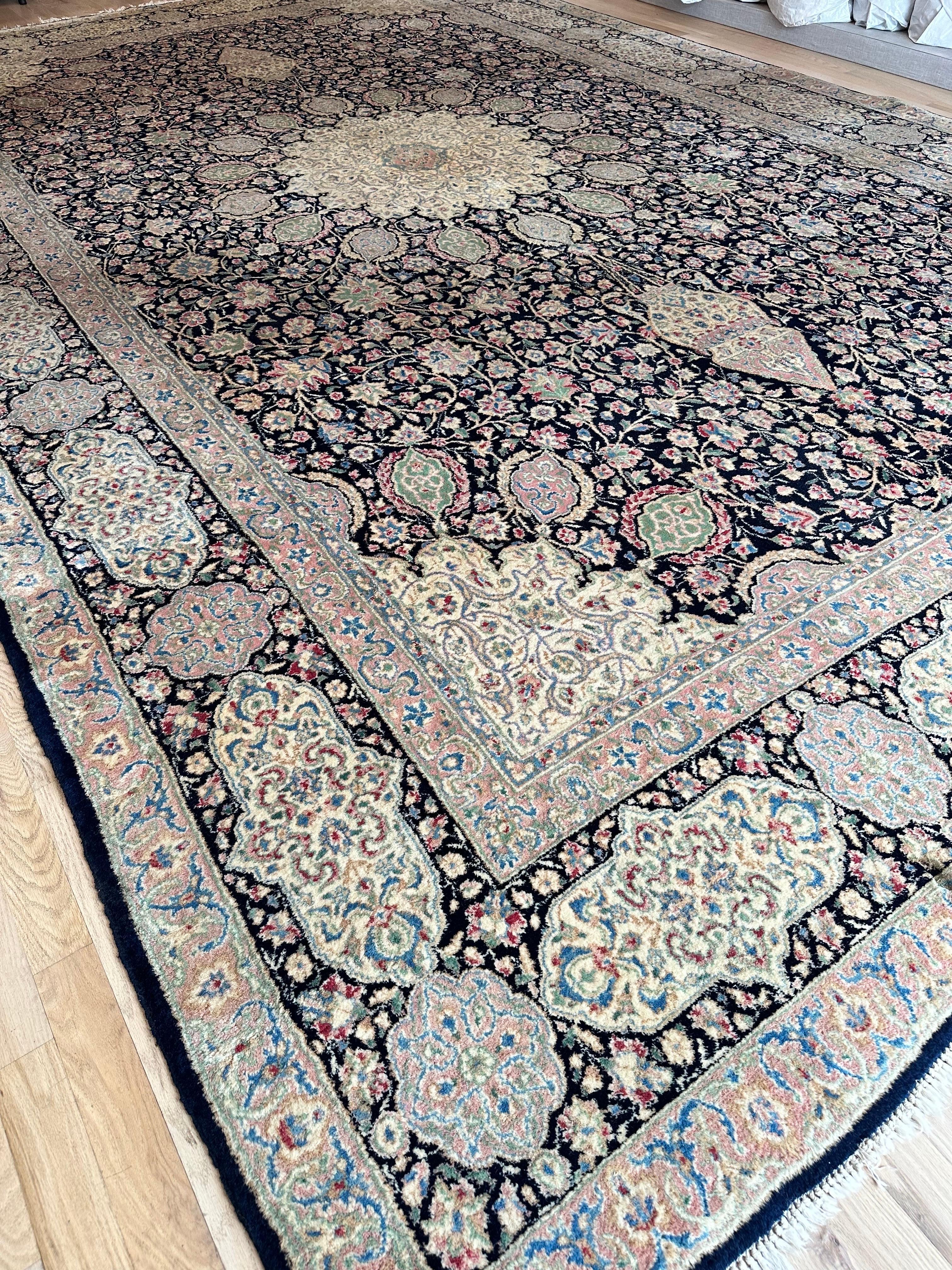Semi-Antique Kerman Carpet, Handmade Persian Wool Rug, Navy, Ivory, Blue, Pink For Sale 4
