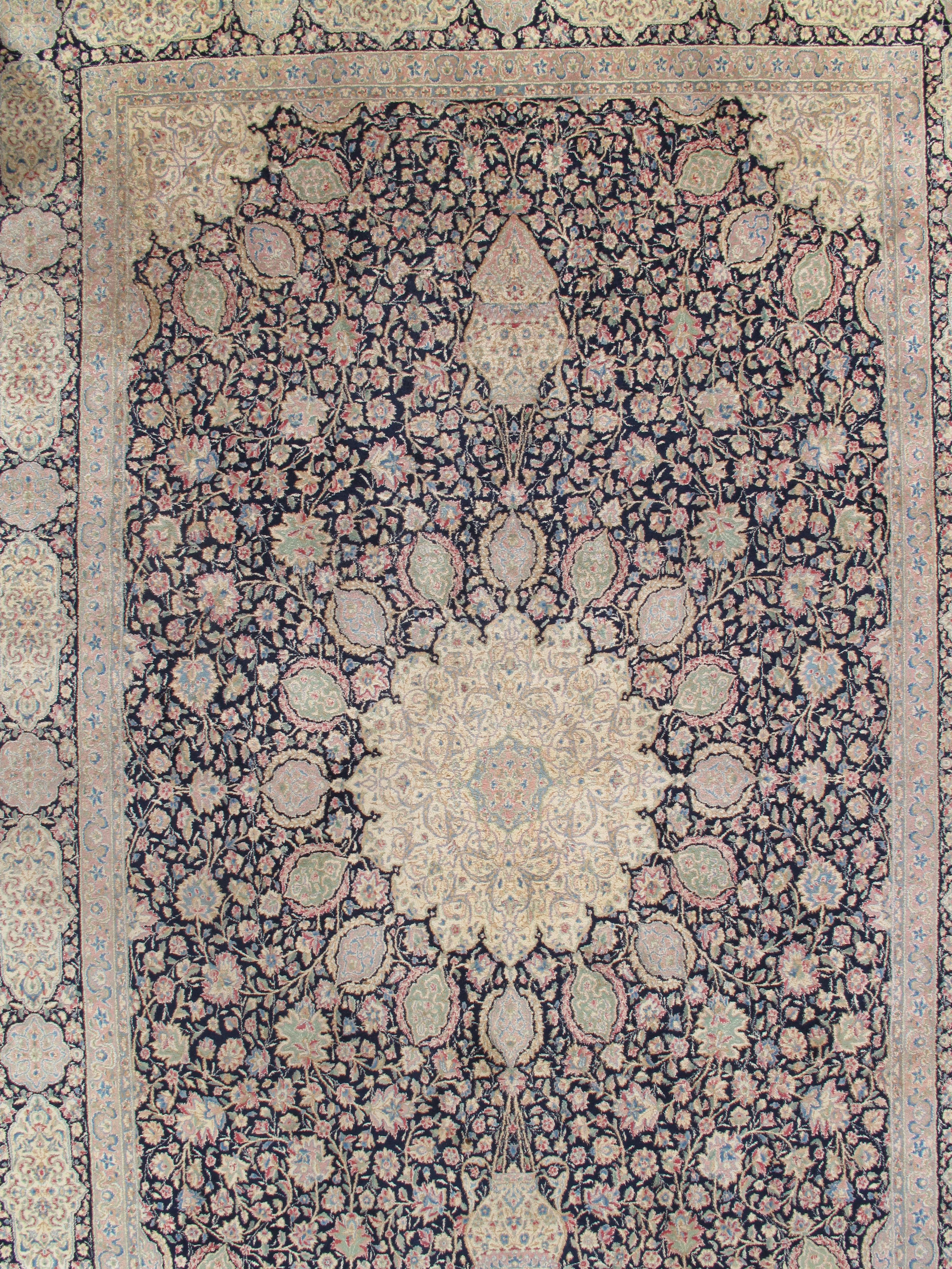 Semi-Antique Kerman Carpet, Handmade Persian Wool Rug, Navy, Ivory, Blue, Pink