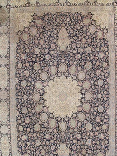 Tapis Kerman semi-ancien, tapis persan fait à la main, bleu, ivoire, bleu, rose