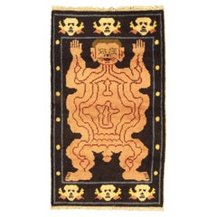 Semi-Antique Khotan Skulls & Crossbones with Naked Man Design Rug, 1950