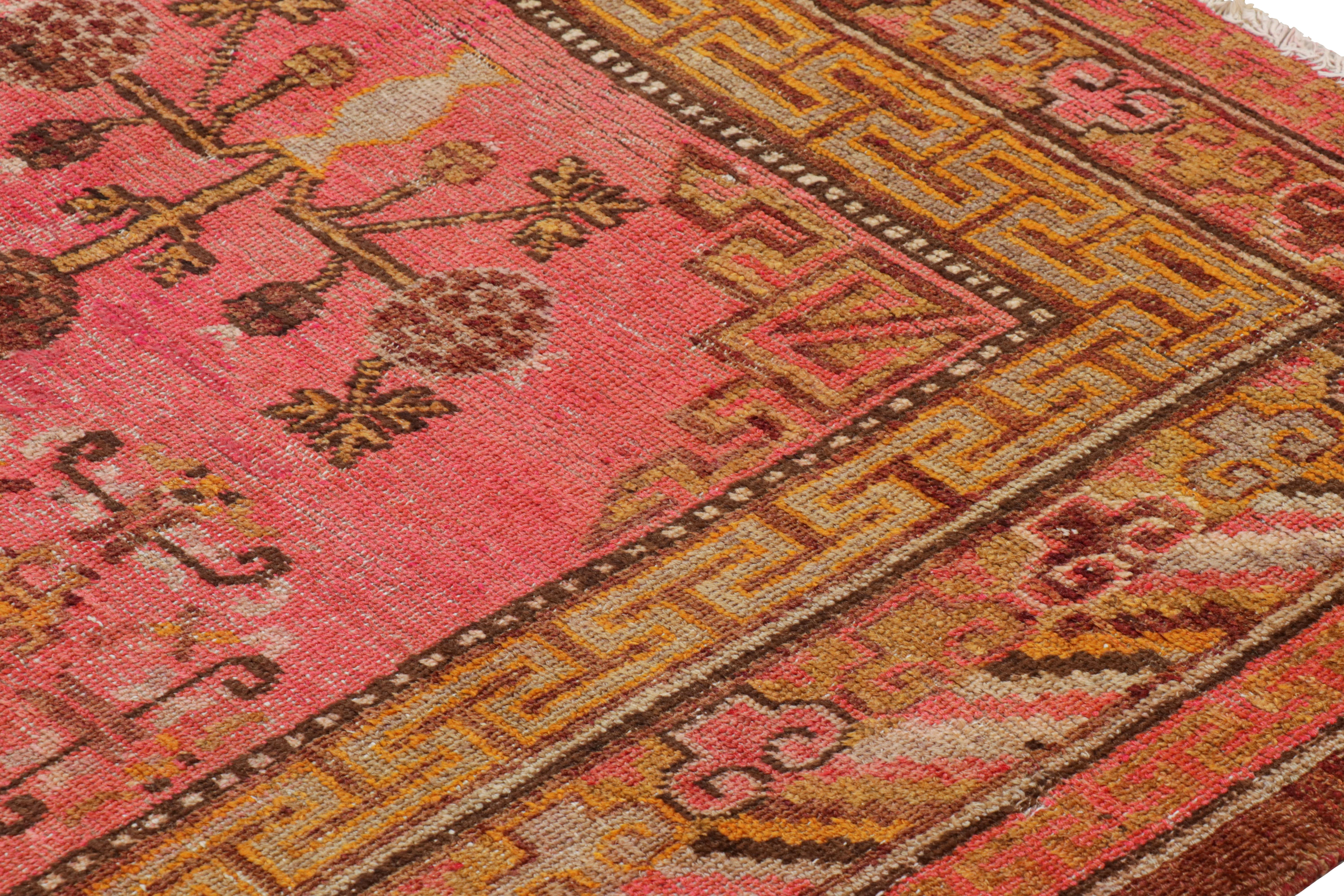 East Turkestani Semi Antique Khotan Transitional Pink and Golden-Brown Wool Rug by Rug & Kilim For Sale
