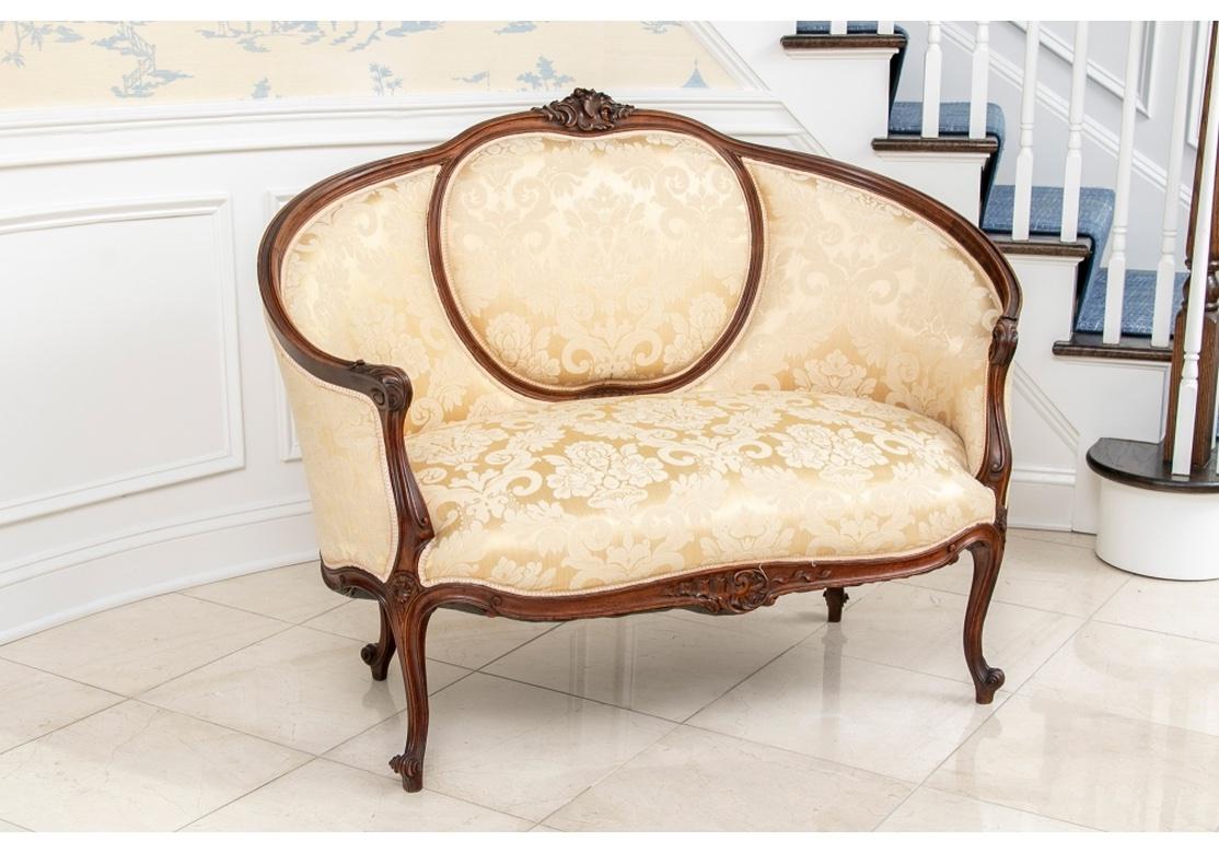 Carved Semi-Antique Louis XV Style Settee in Damask Upholstery