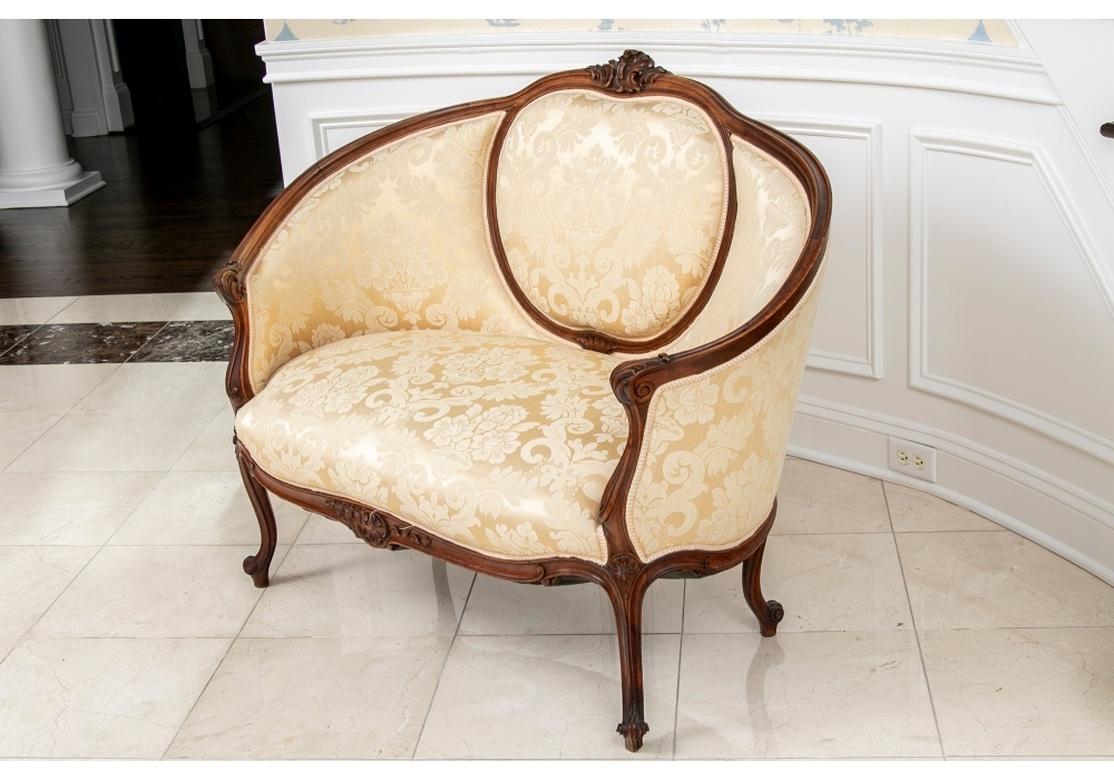Semi-Antique Louis XV Style Settee in Damask Upholstery In Good Condition In Bridgeport, CT