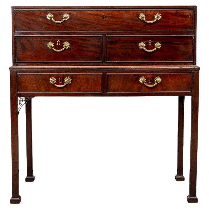 Semi Antique Mahogany Secretary On Chinese Chippendale Style Stand For Sale