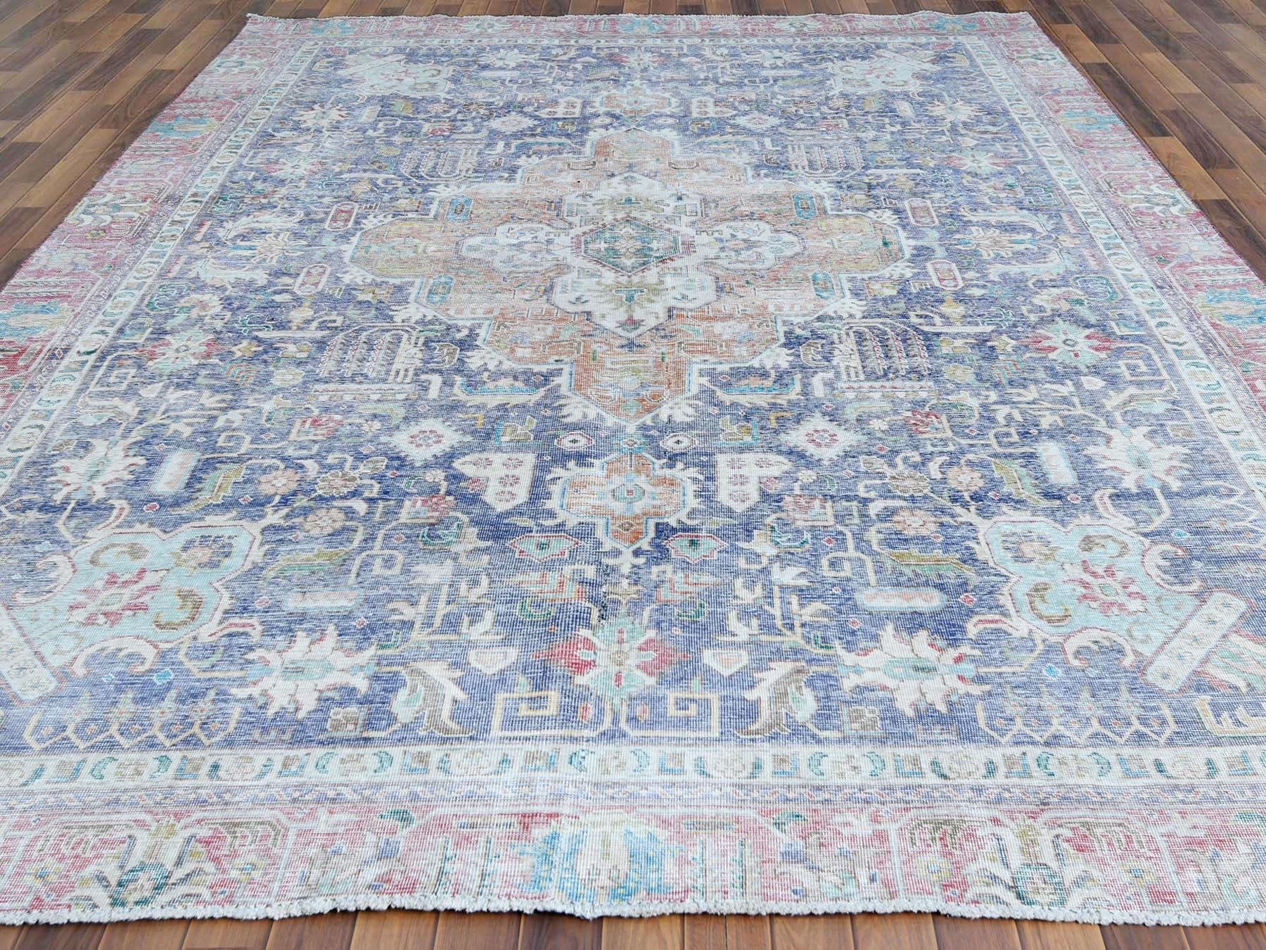 Medieval Semi Antique Navy Blue Persian Tabriz Distressed Look Hand Knotted Pure Wool Rug