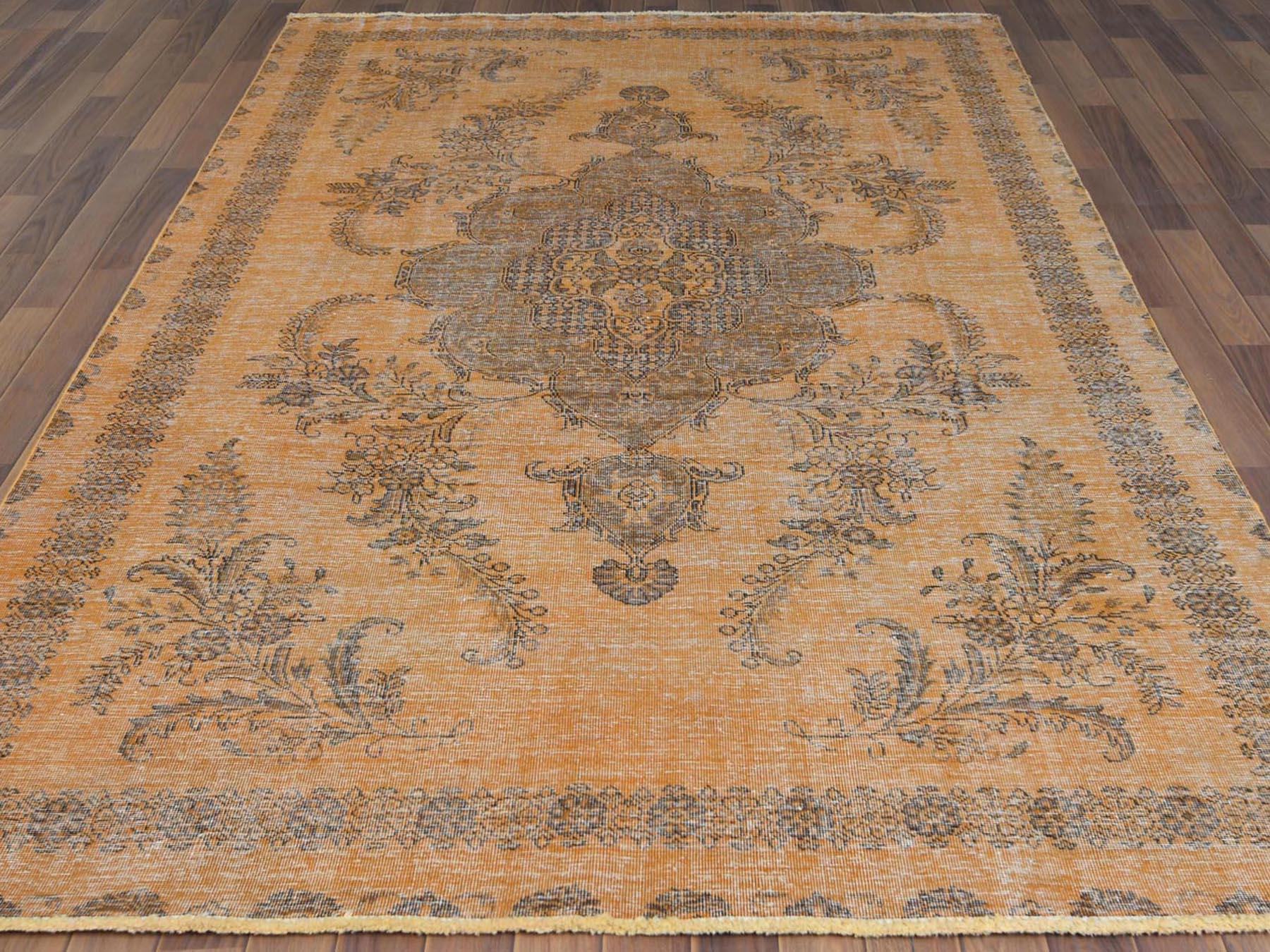 Hand-Knotted Semi Antique Orange Cast Persian Tabriz Hand Knotted Distressed Pure Wool Rug For Sale