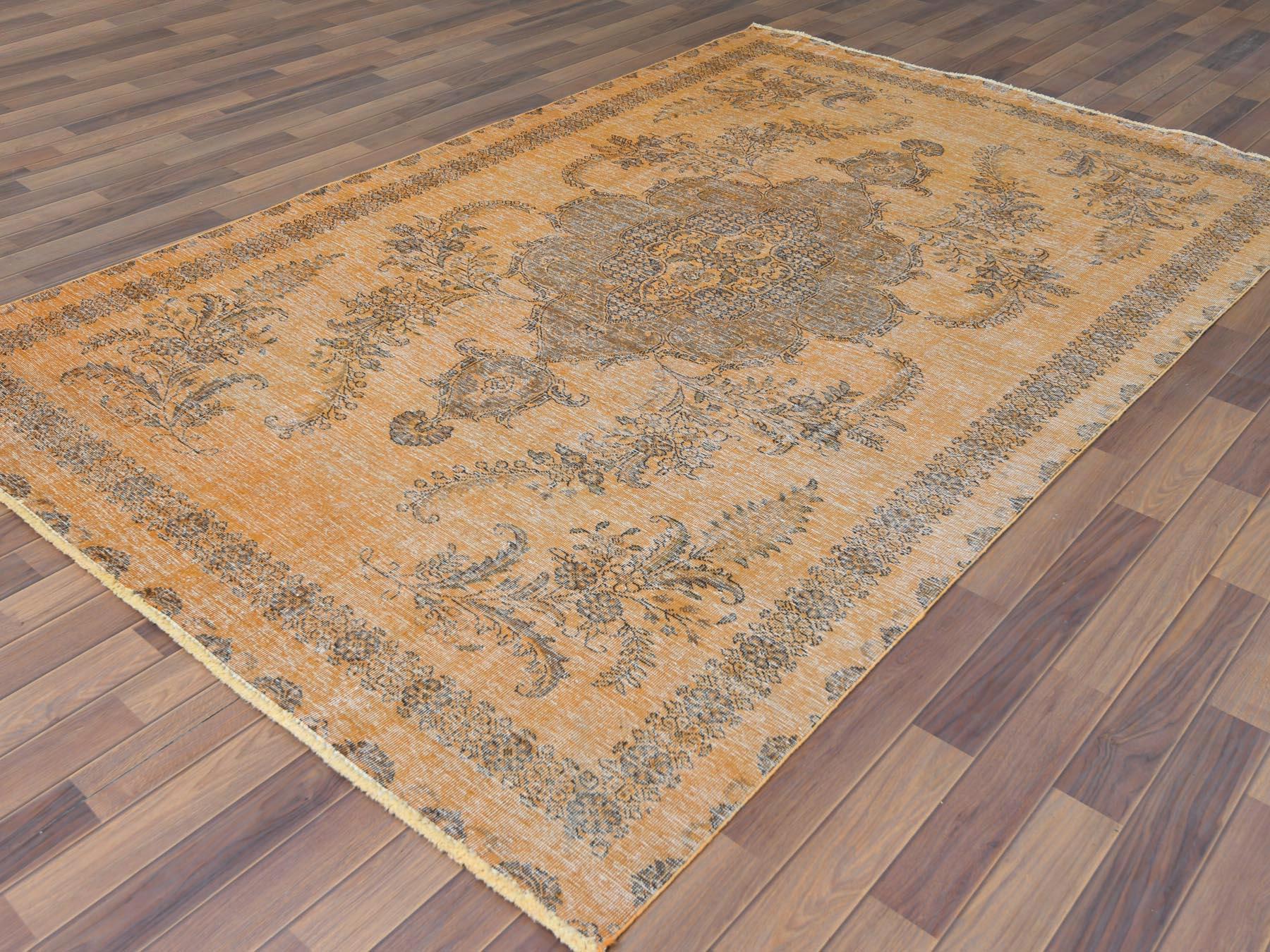 Semi Antique Orange Cast Persian Tabriz Hand Knotted Distressed Pure Wool Rug In Good Condition For Sale In Carlstadt, NJ