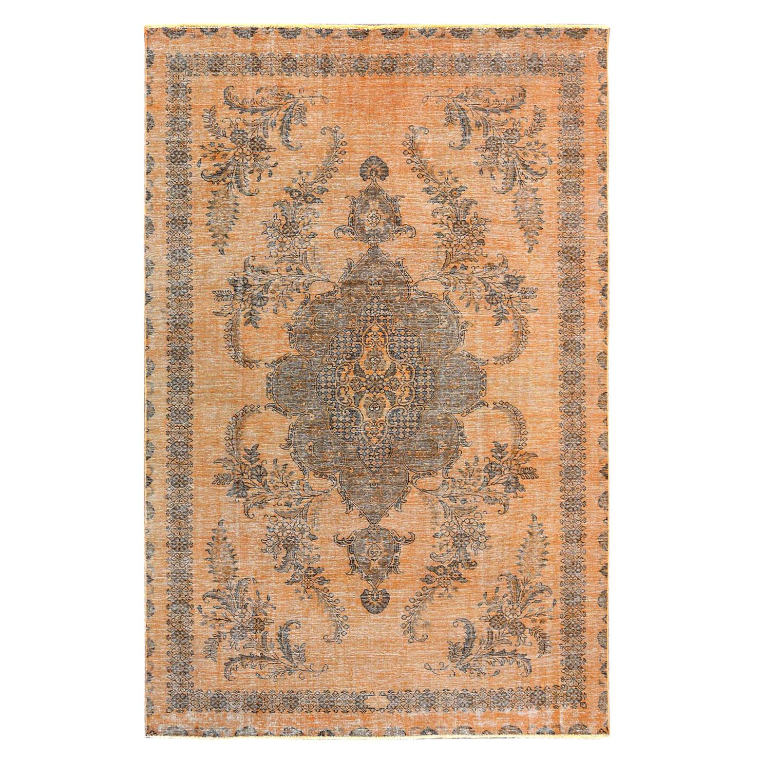 Semi Antique Orange Cast Persian Tabriz Hand Knotted Distressed Pure Wool Rug For Sale