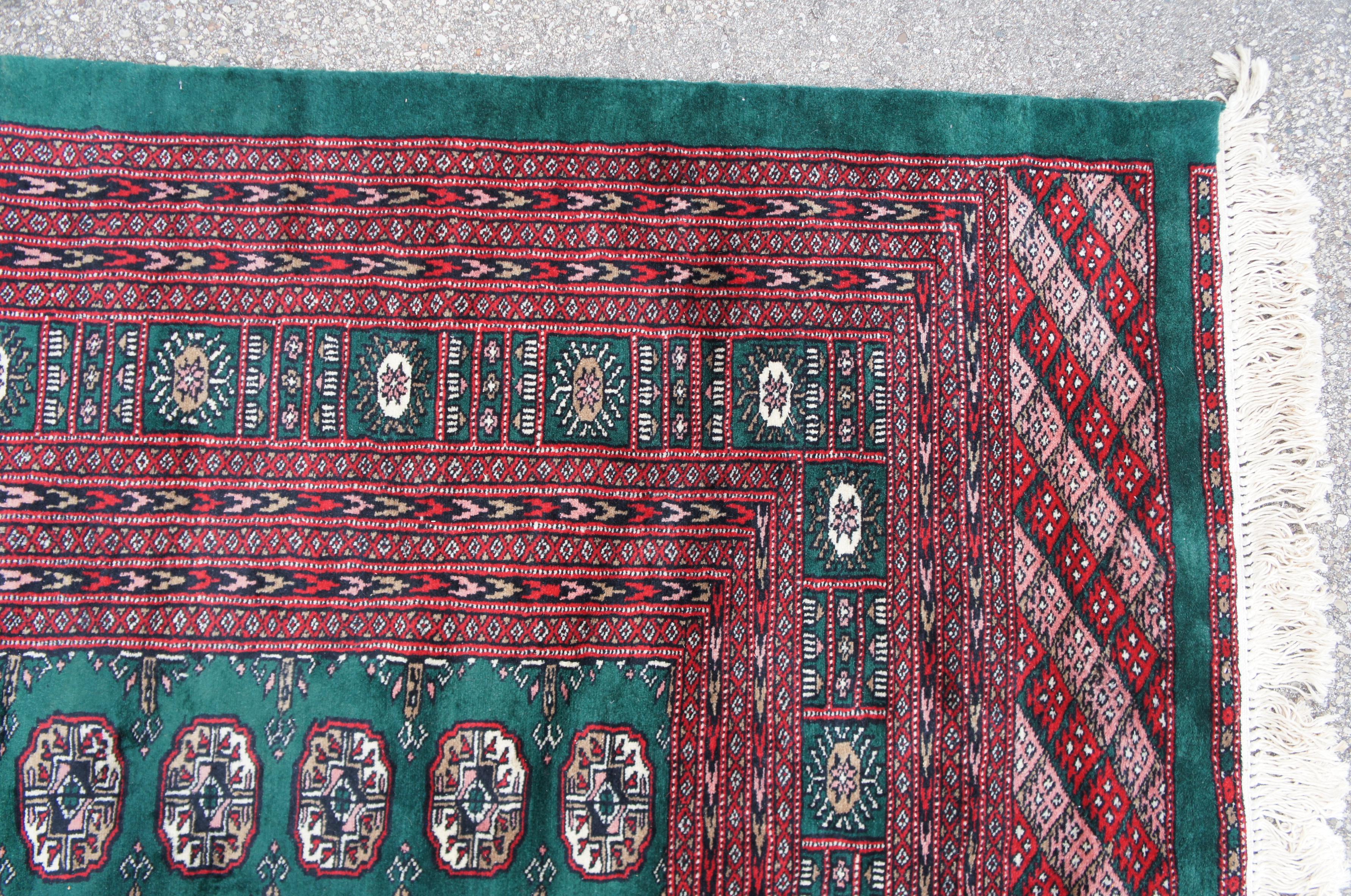 Semi Antique Pakistan Bokhara Wool Area Rug Geometric Emerald Green Signed 10 x In Good Condition In Dayton, OH