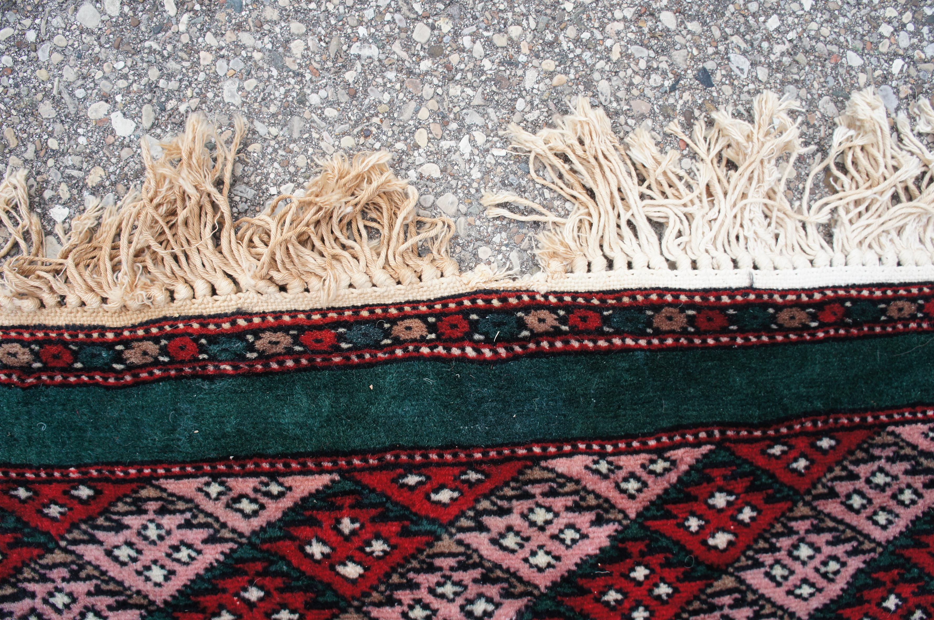 Semi Antique Pakistan Bokhara Wool Area Rug Geometric Emerald Green Signed 10 x 2