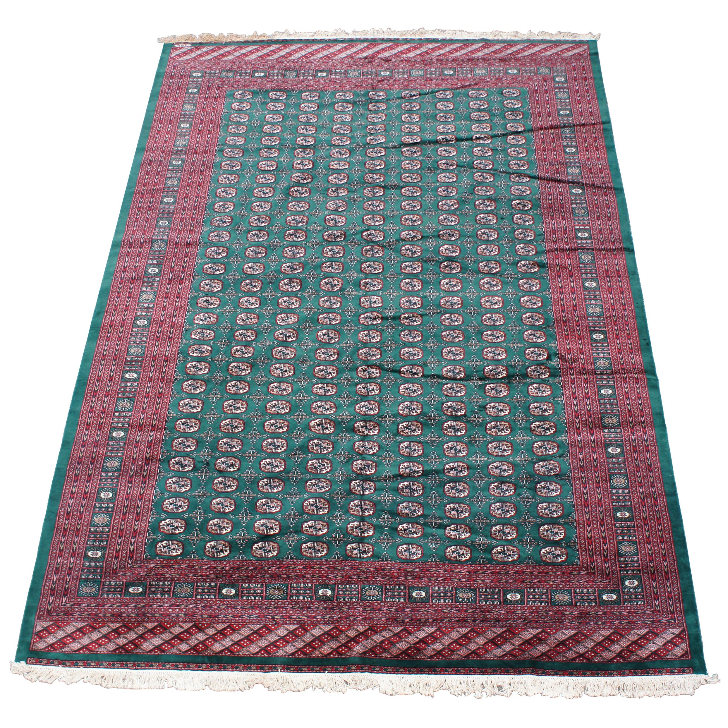 Semi Antique Pakistan Bokhara Wool Area Rug Geometric Emerald Green Signed 10 x
