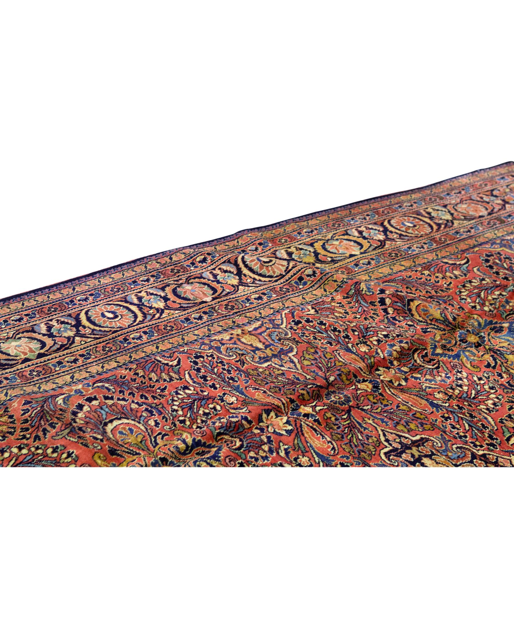 Traditional Handwoven Luxury Semi Antique Persian Sarouk Wool Red / Navy. Size: 9'-3